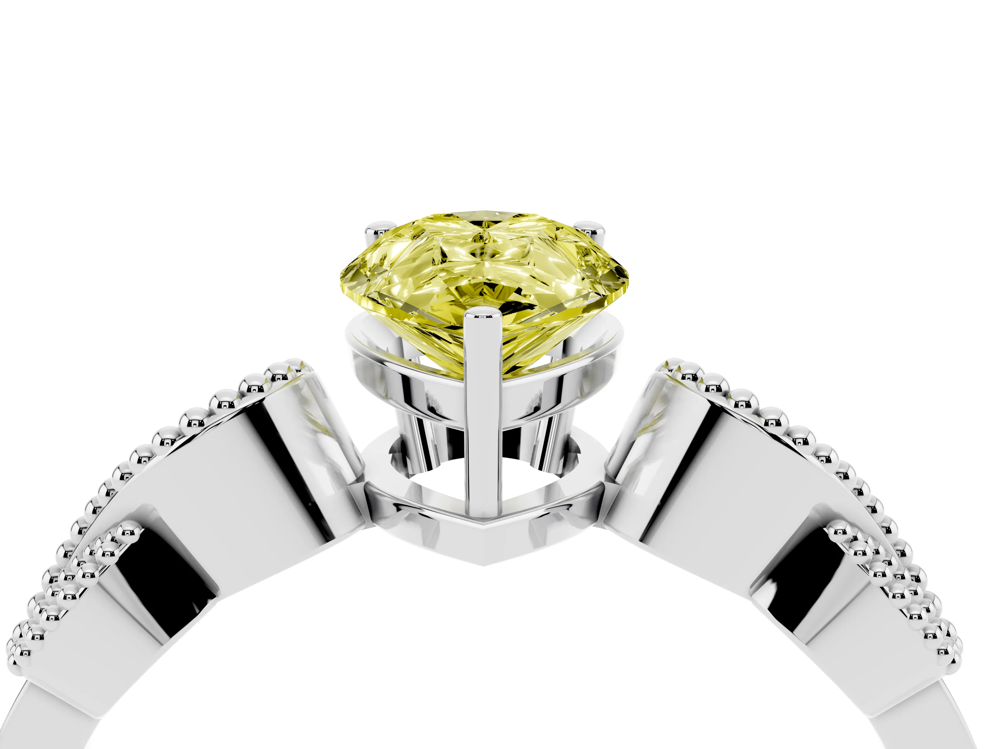 Fancy Yellow Pear Cut Diamond Milgrain Leaf Band Solitaire Ring Set in White gold with Accent Stones and Prong Setting