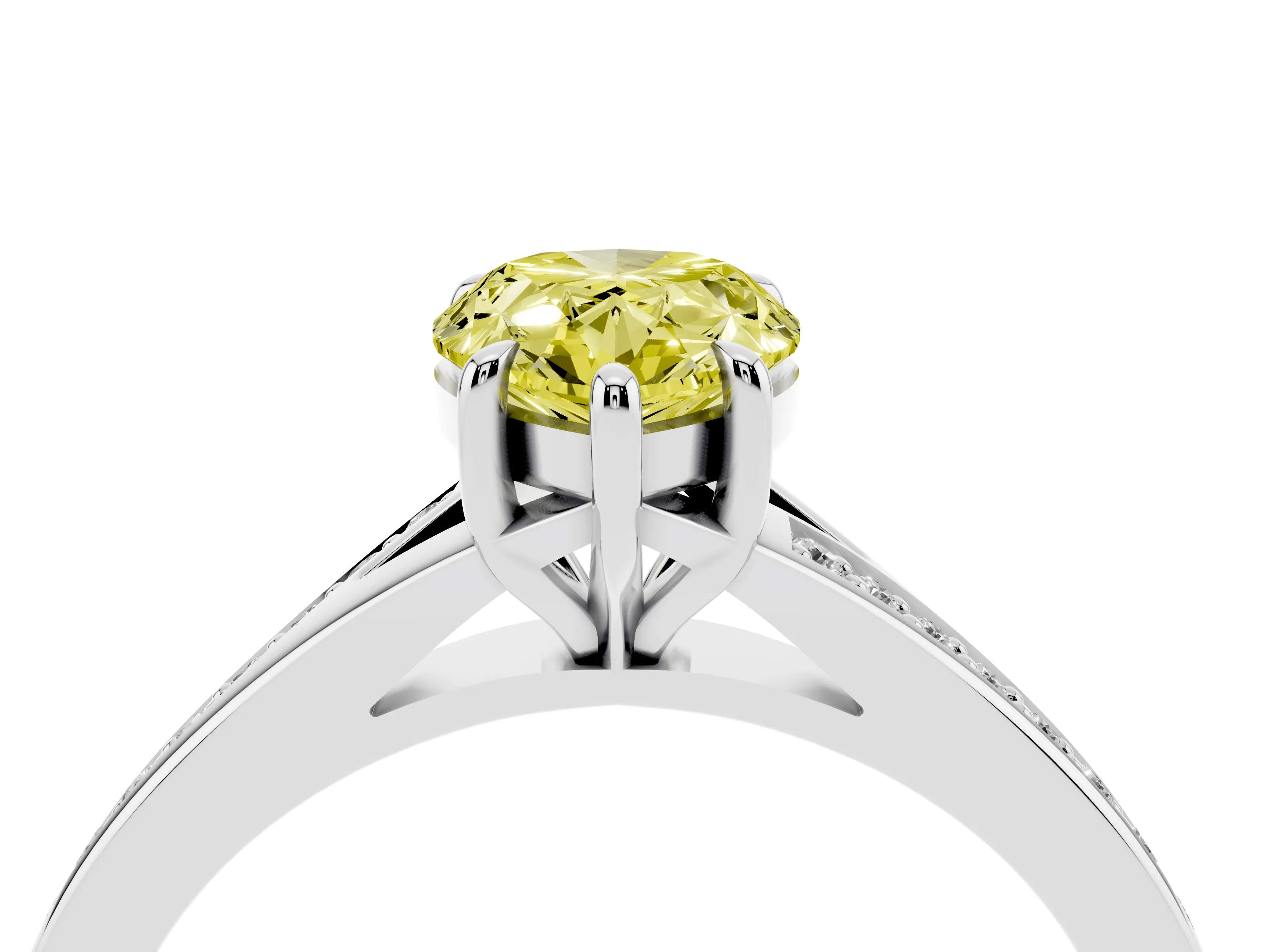 Fancy Yellow Pear Cut Diamond Solitaire Ring Set in White gold with Pavé Accent Band and Classic Prong Setting