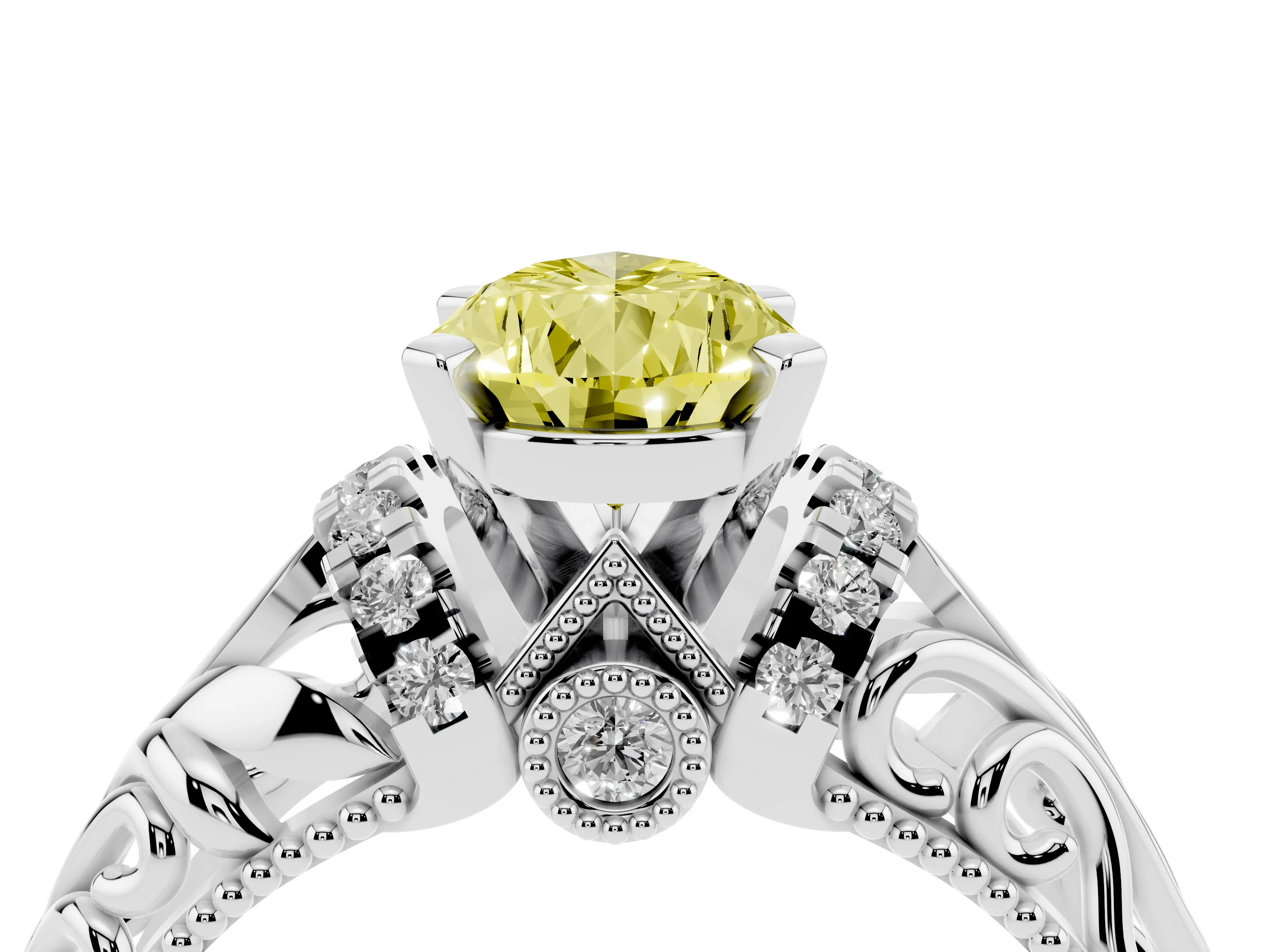 Fancy Yellow Pear Cut Diamond Filigree Halo Engagement Ring Set in White gold with Prong Setting