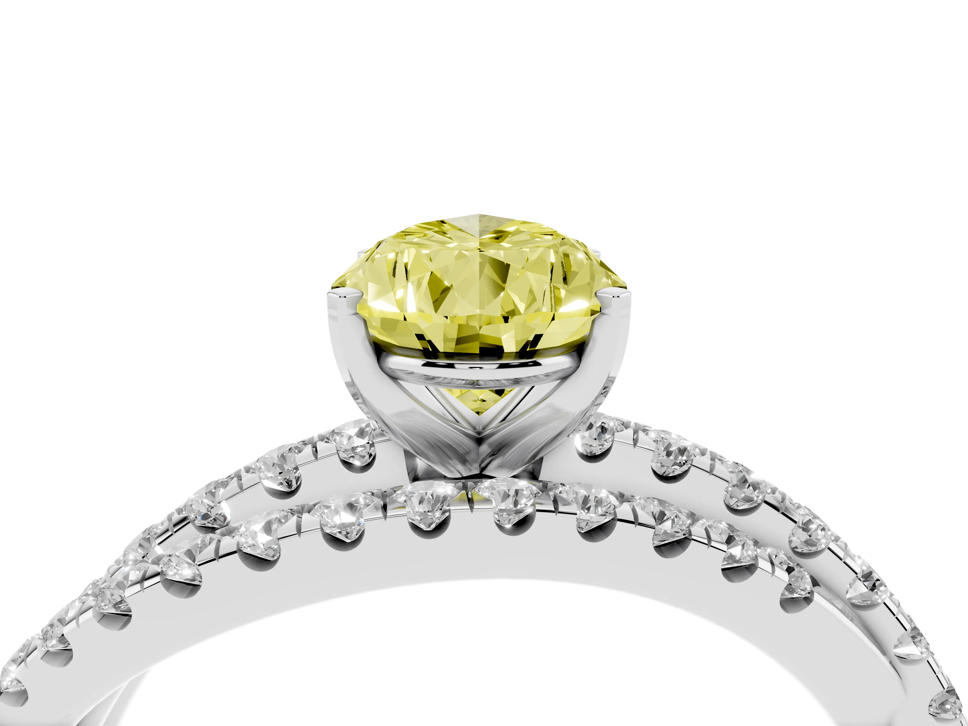 Fancy Yellow Pear Cut Diamond Solitaire Twist Band Ring Set in Platinum with Pavé Setting and Prong Head