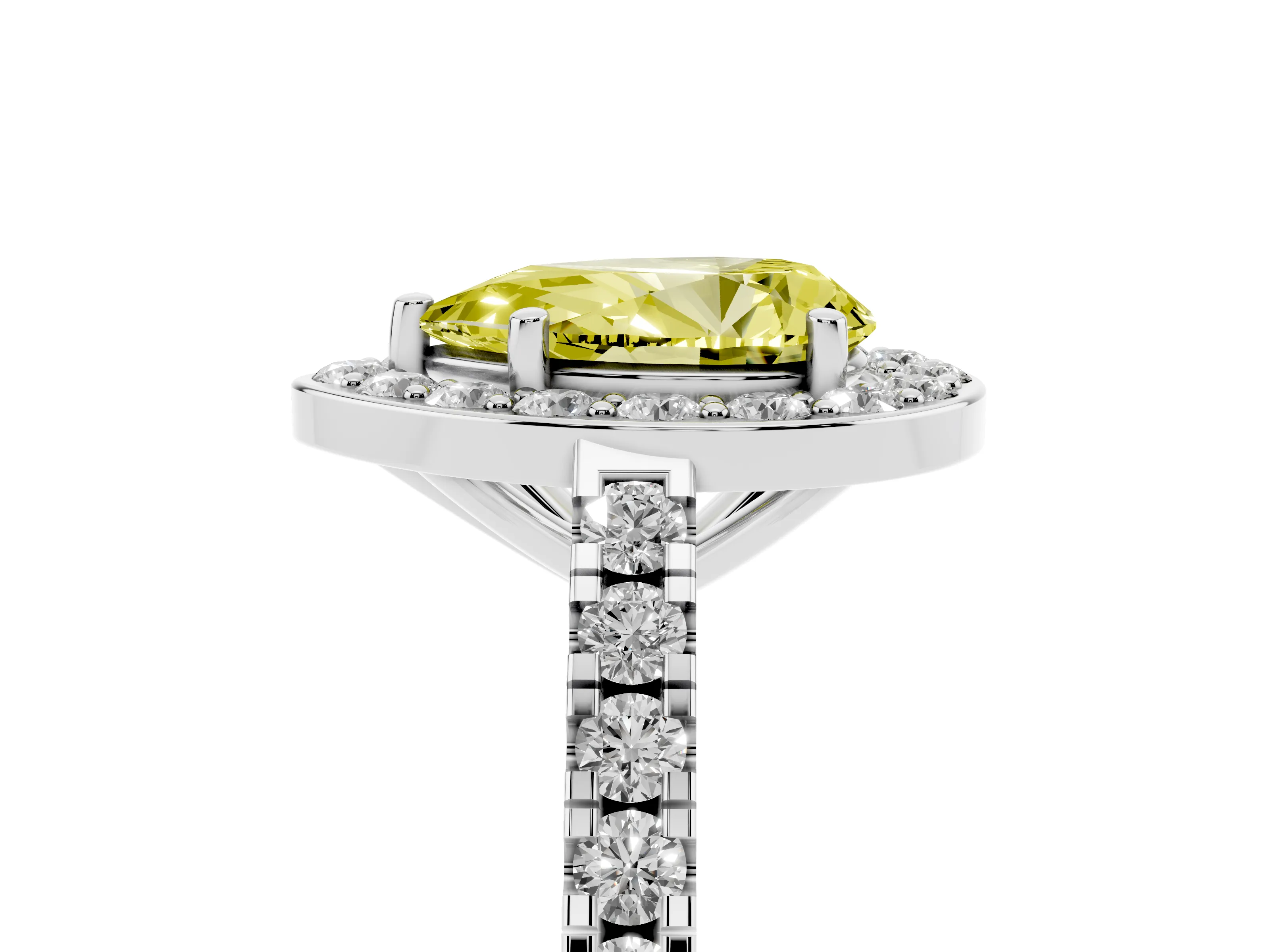 Fancy Yellow Pear Cut Diamond Halo Ring Set in Silver with Round Pavé Split Shank and Prong Setting