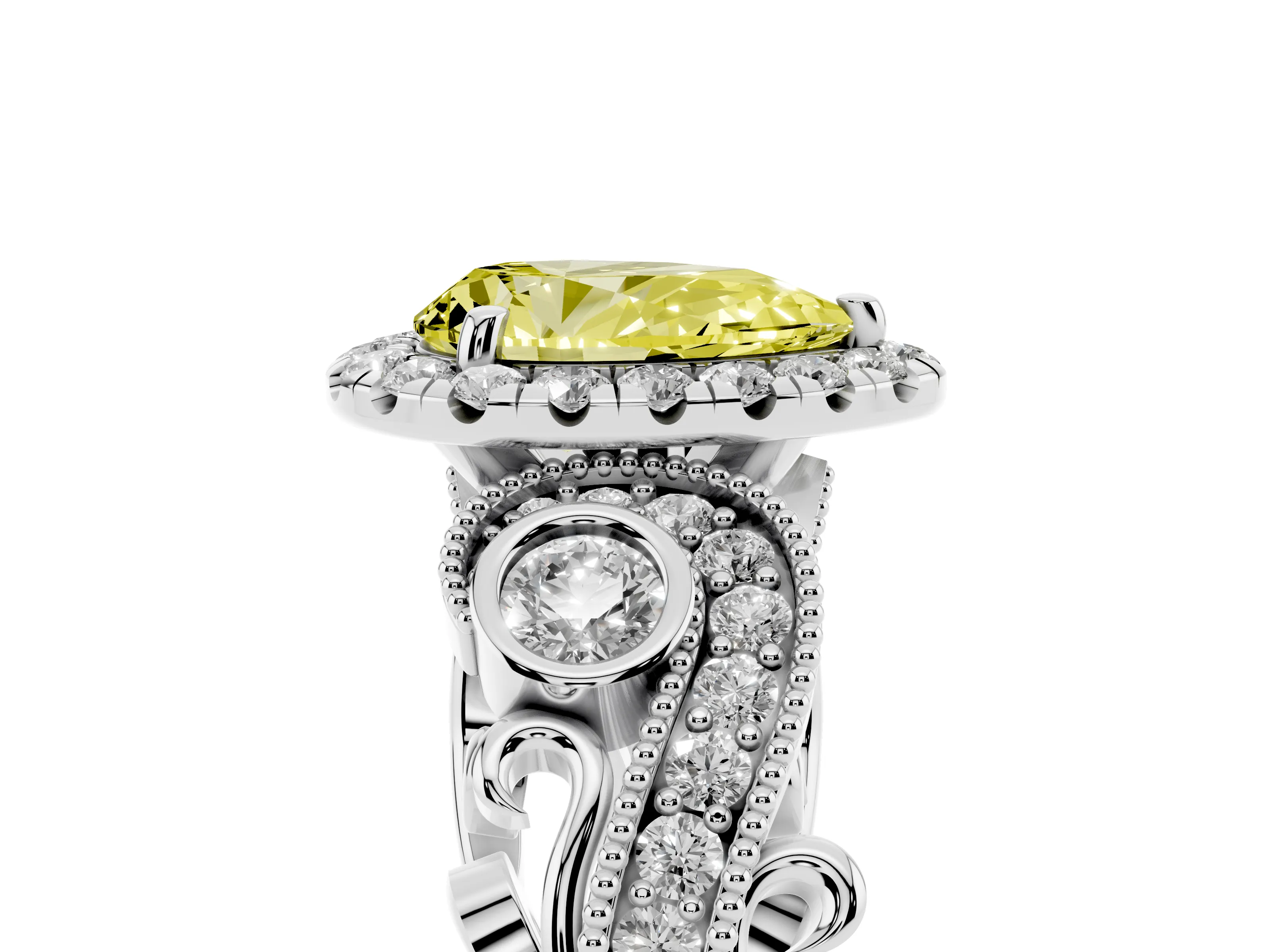 Fancy Yellow Pear Cut Diamond Halo Ring Set in Platinum with Milgrain Pavé Band and Prong Setting