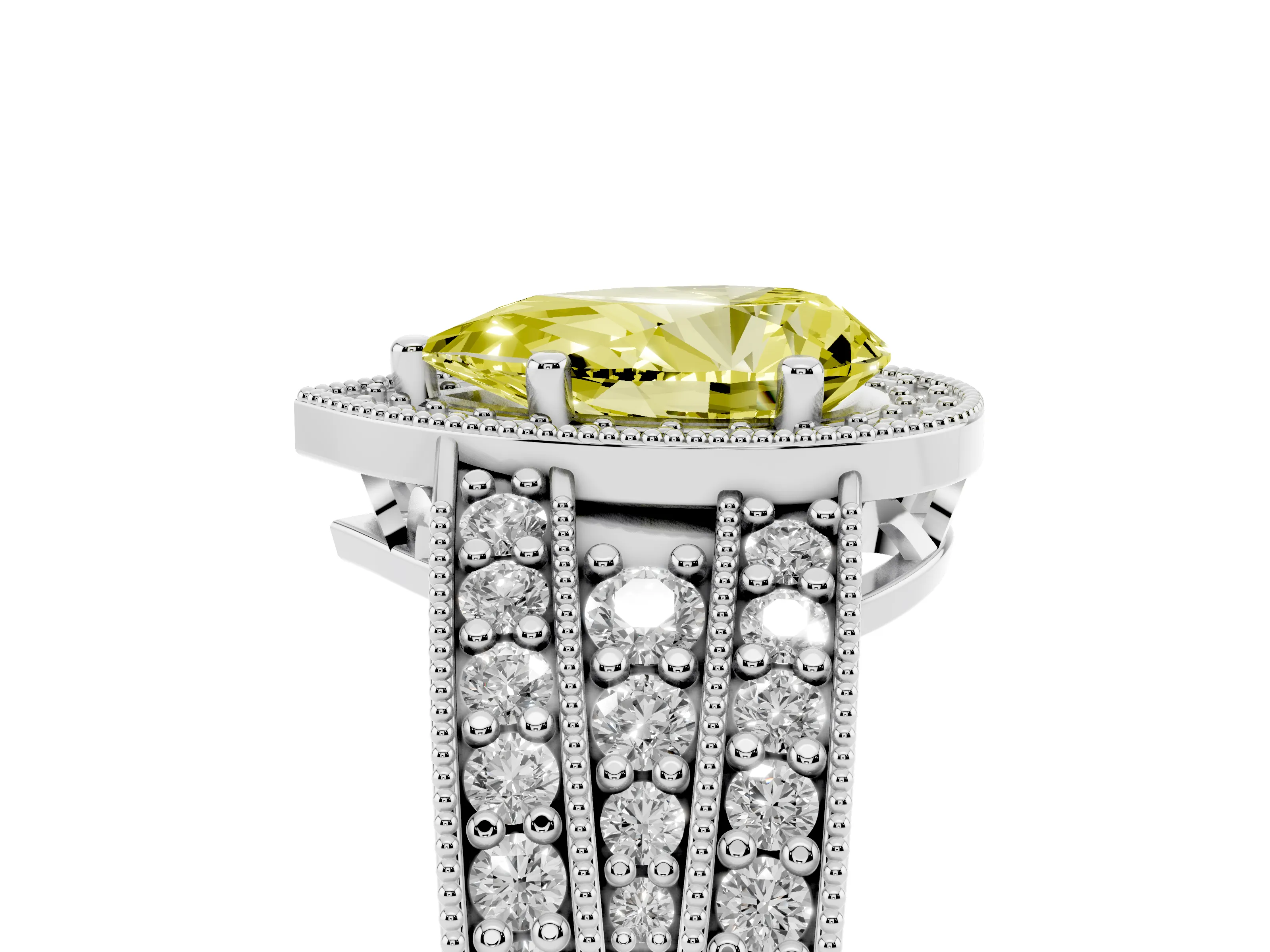 Fancy Yellow Pear Cut Diamond Halo Ring Set in Platinum with Accent Split Shank and Prong Setting