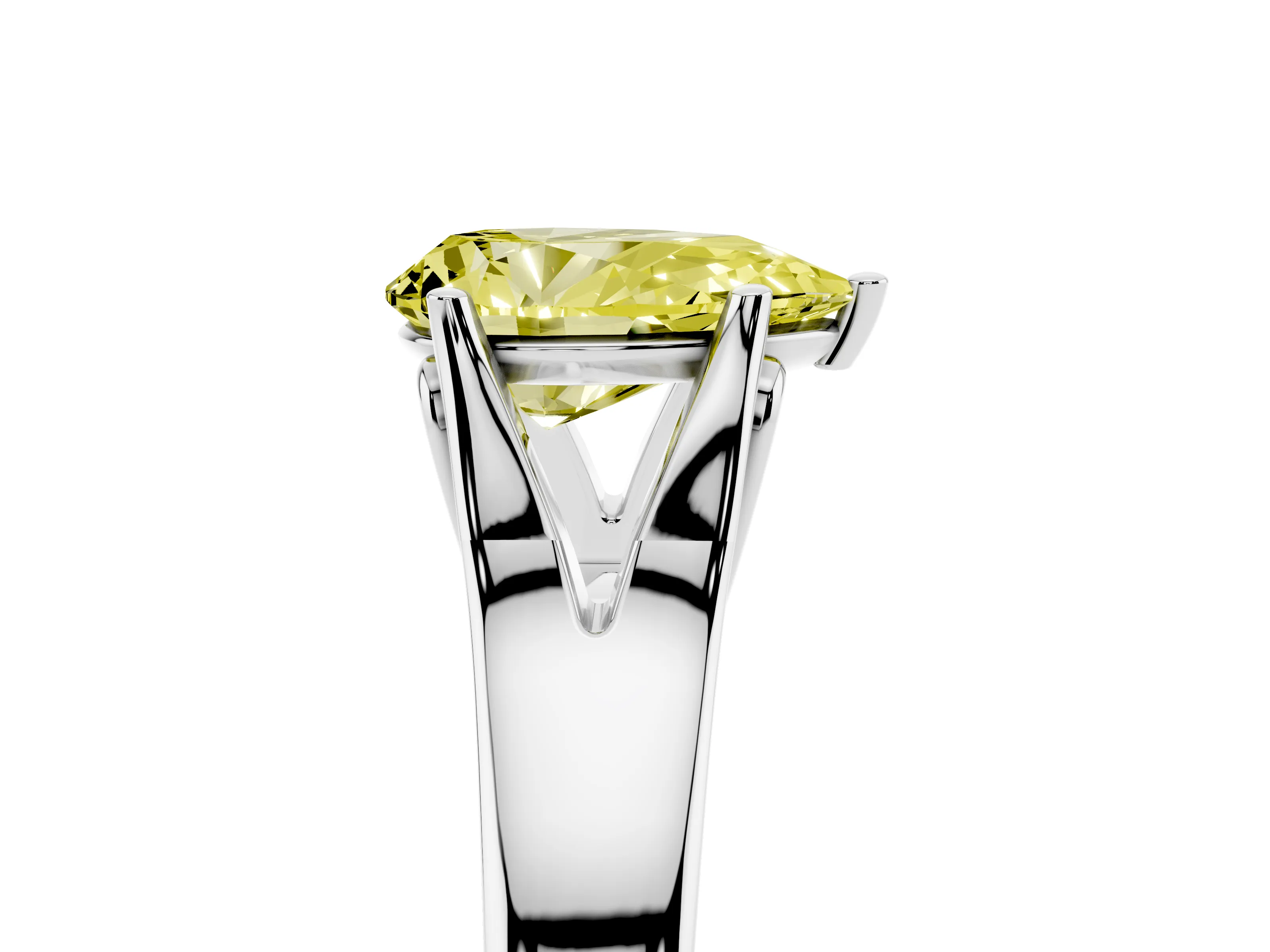 Fancy Yellow Pear Cut Diamond Solitaire Ring Set in White gold with Arched Cathedral Band and Prong Setting