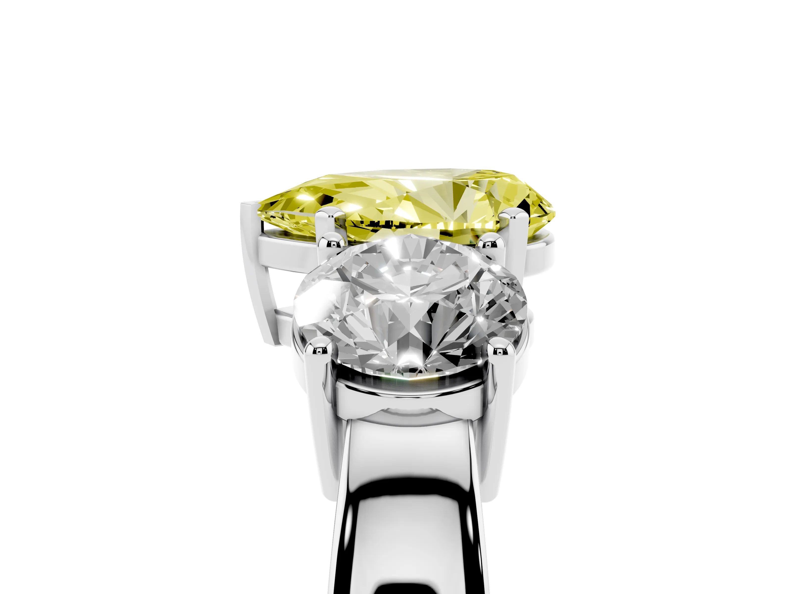 Fancy Yellow Pear Cut Diamond Three-Stone Ring Set in Platinum with Round Side Stones and Classic Band