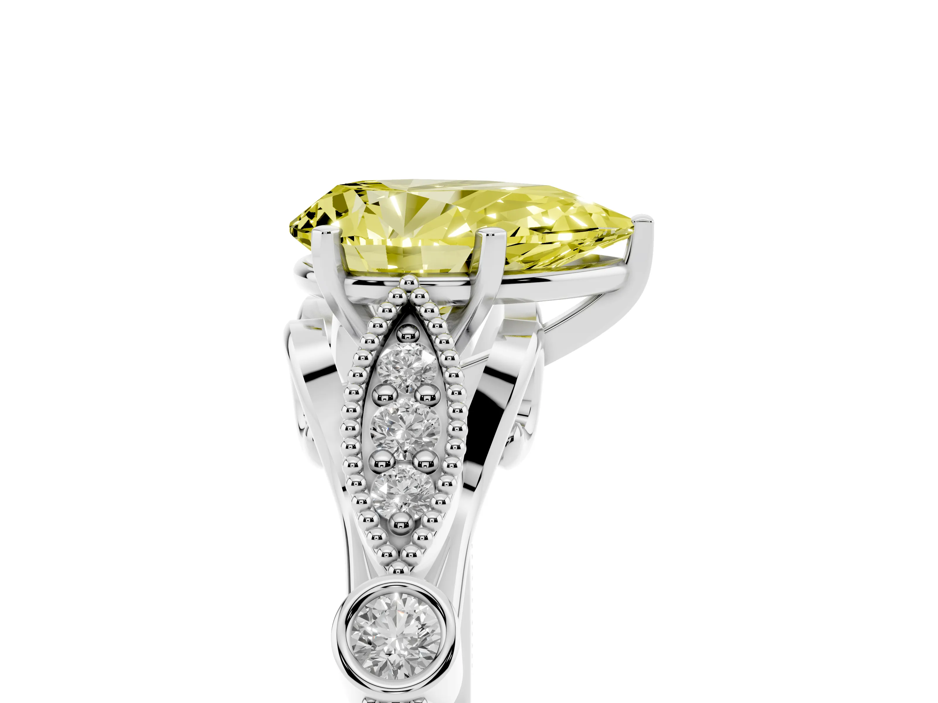 Fancy Yellow Pear Cut Diamond Solitaire Ring Set in Platinum with Milgrain Marquise and Bezel Accents