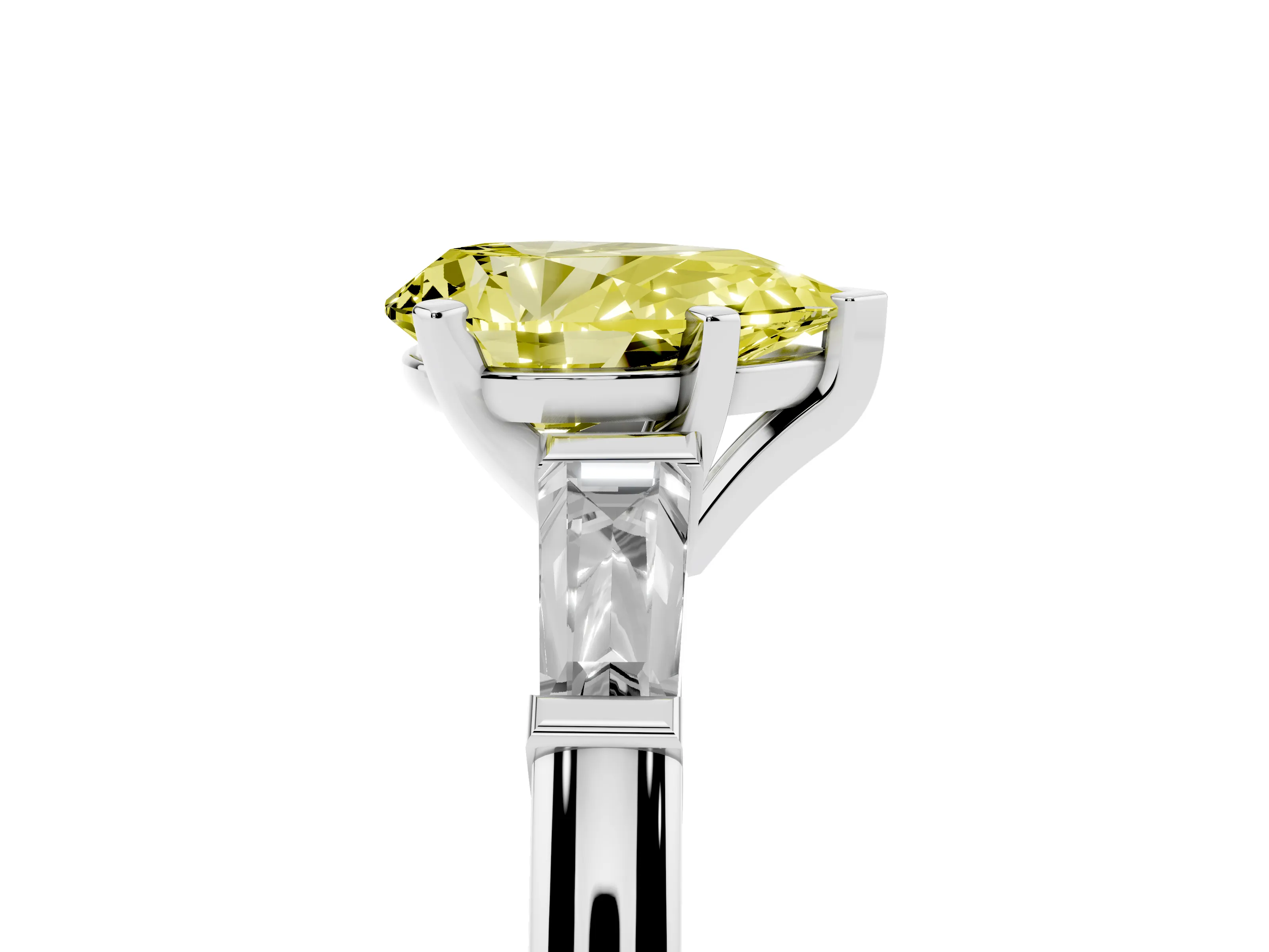 Fancy Yellow Pear Cut Diamond Solitaire Ring Set in White gold with Tapered Baguette Side Stones and Prong Setting