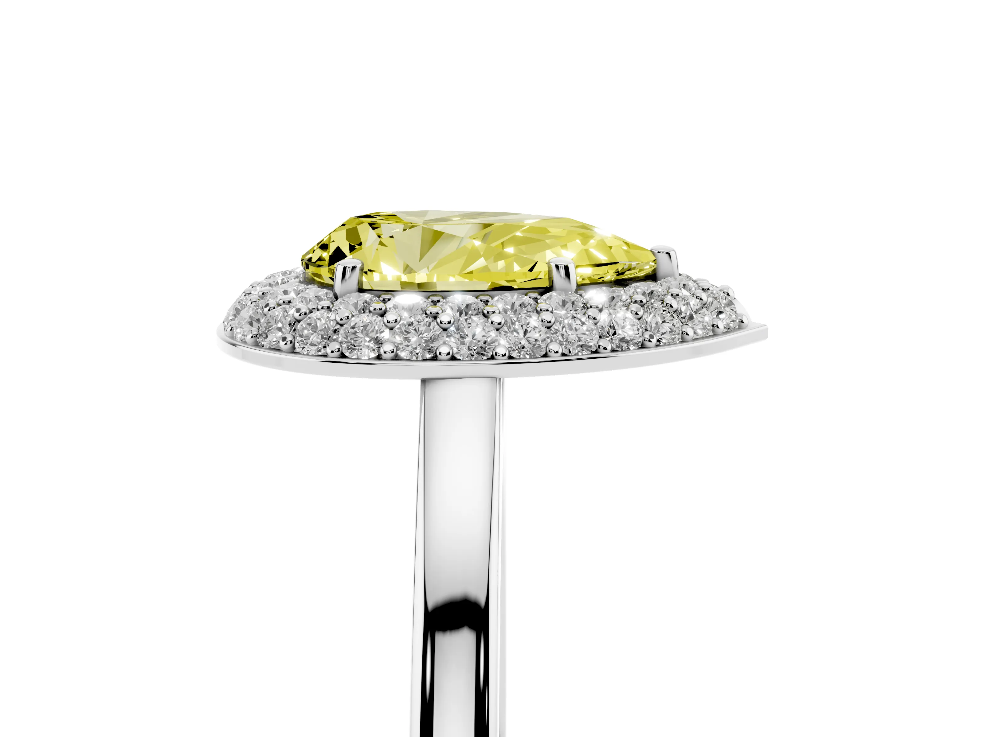 Fancy Yellow Pear Cut Diamond Halo Engagement Ring Set in Silver with Solitaire Band and Prong Setting