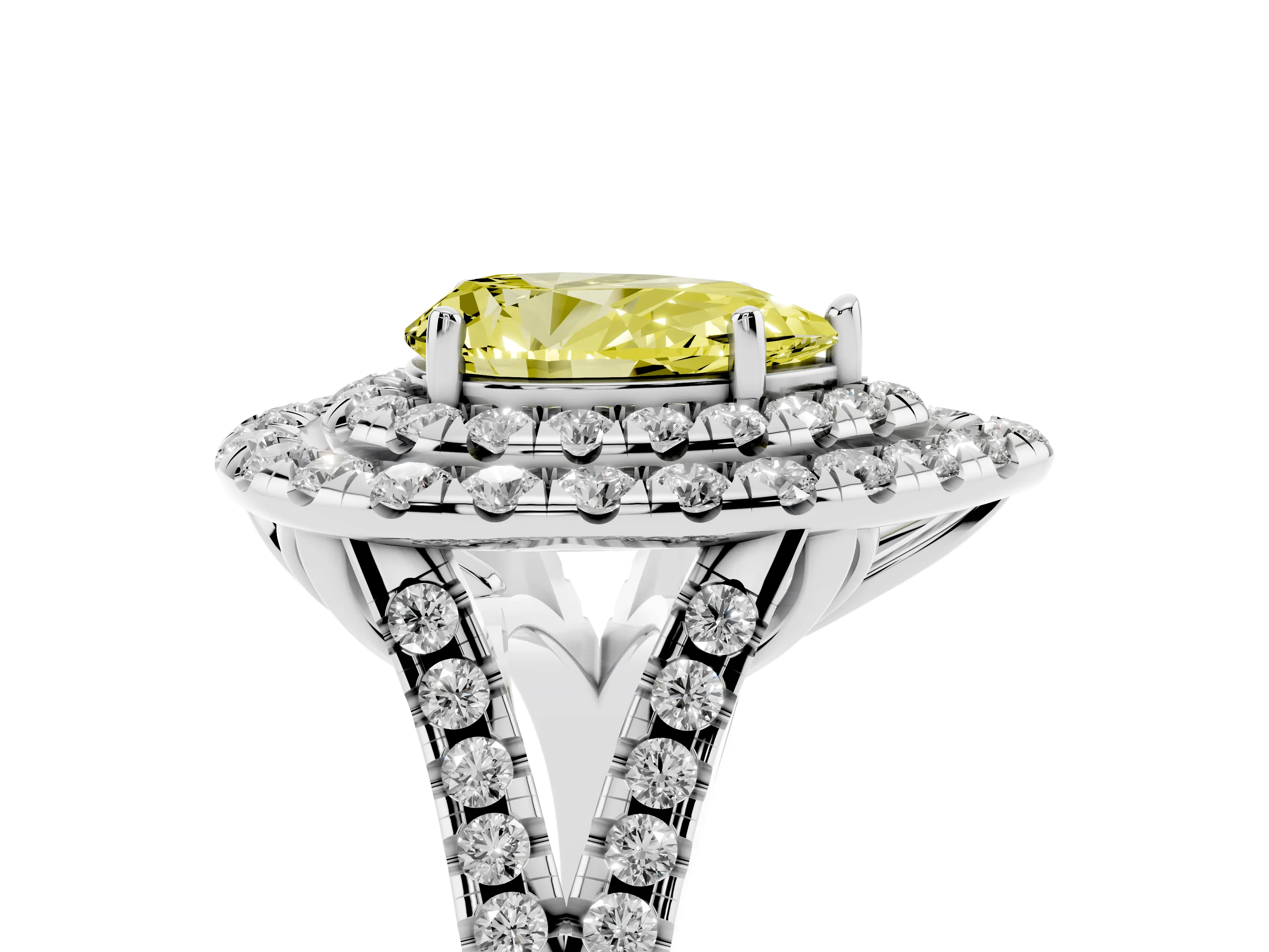 Fancy Yellow Pear Cut Diamond Double Halo Ring Set in White gold with Pavé Split Shank and Prong Setting