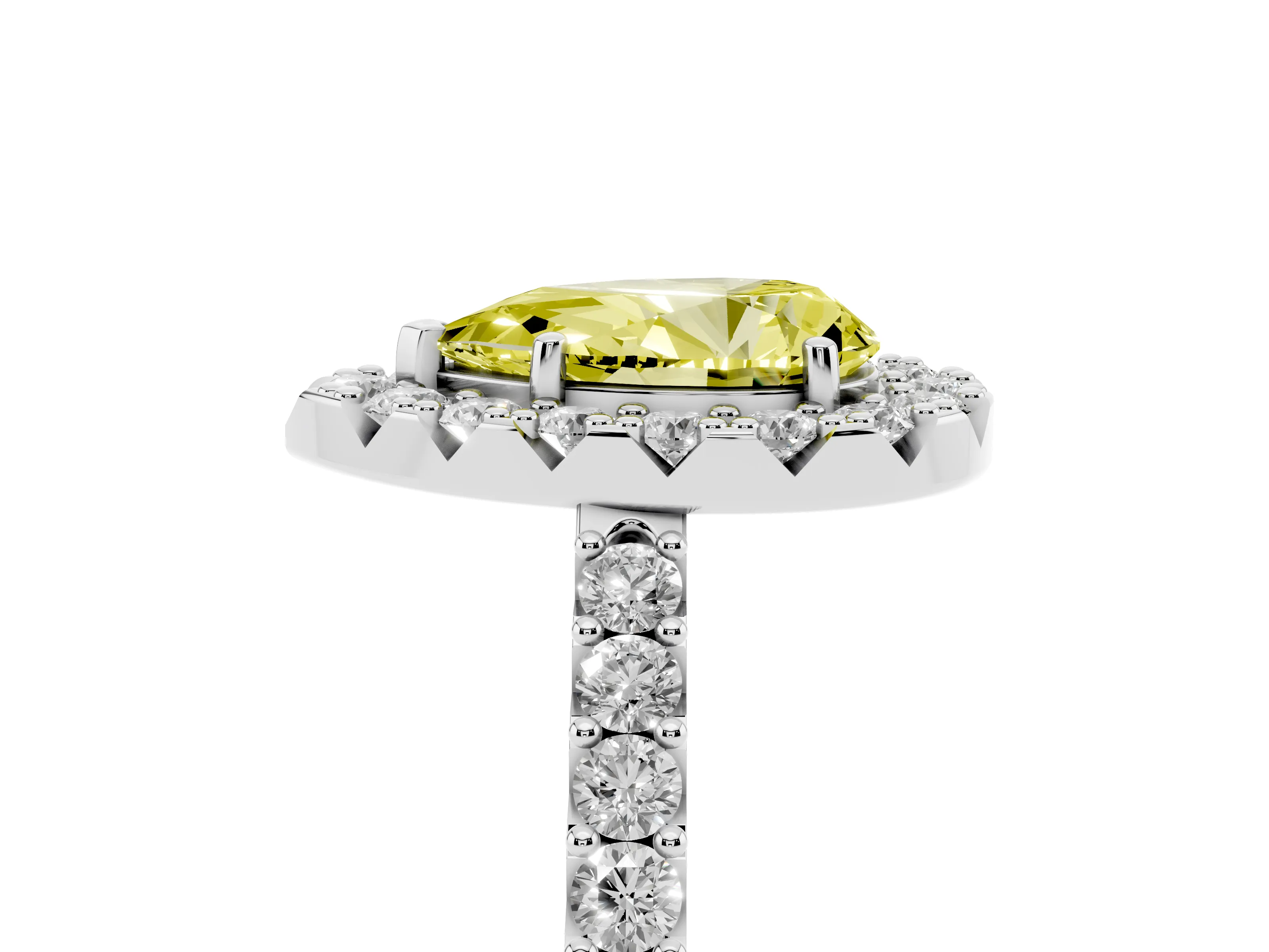 Fancy Yellow Pear Cut Diamond Halo Pavé Solitaire Ring Set in Platinum with Prong-Set Center Stone
