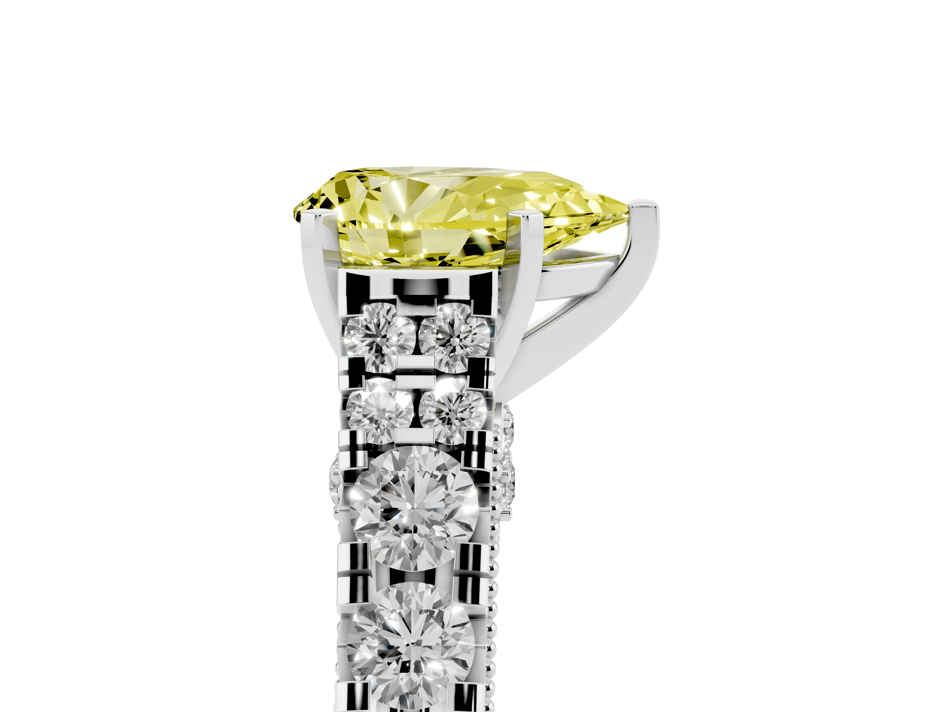 Fancy Yellow Pear Cut Diamond Classic Solitaire Ring Set in Platinum with Pavé Band and Prong Setting