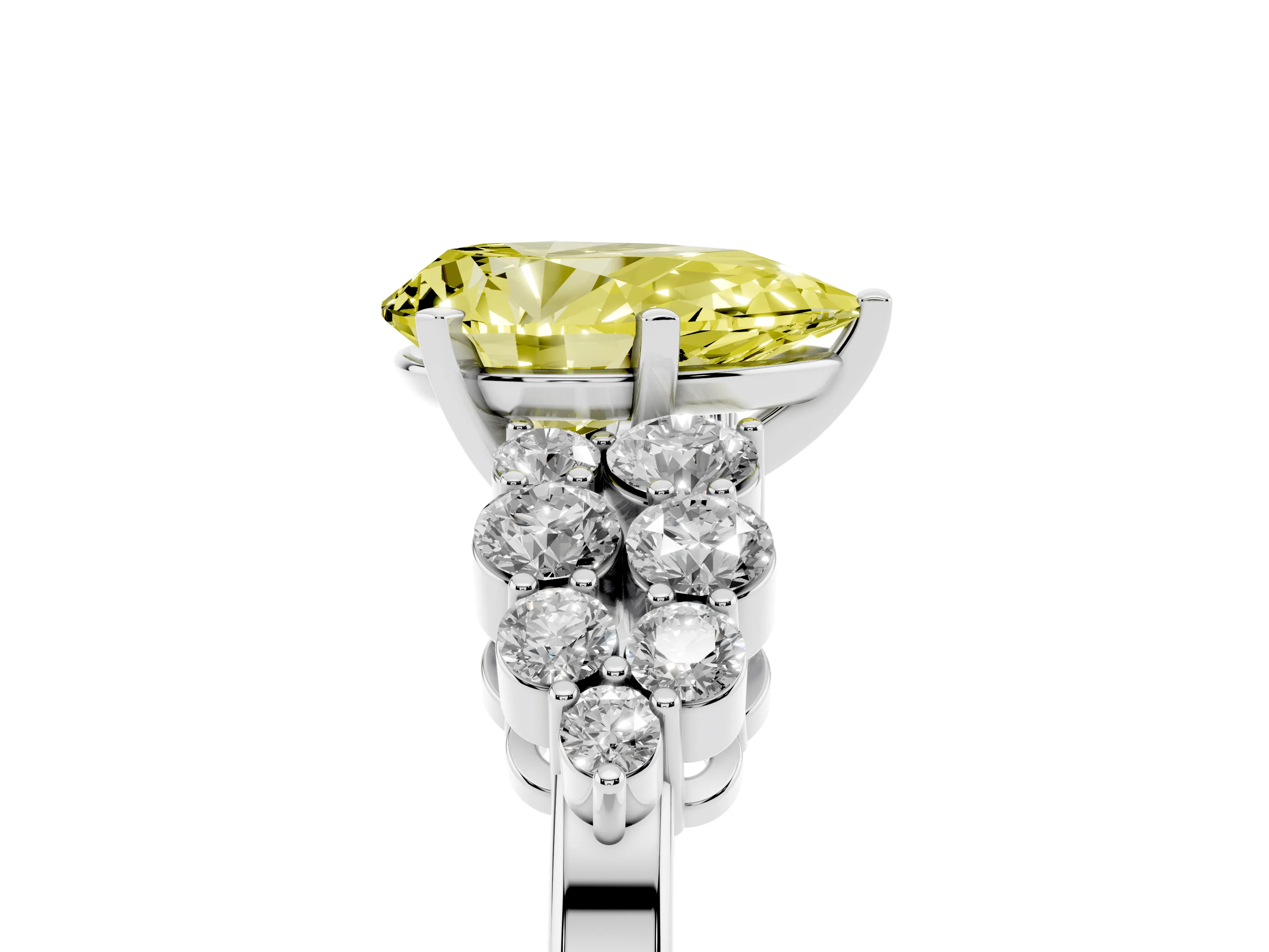 Fancy Yellow Pear Cut Diamond Cluster Engagement Ring Set in Platinum with Pavé Band and Prong Setting