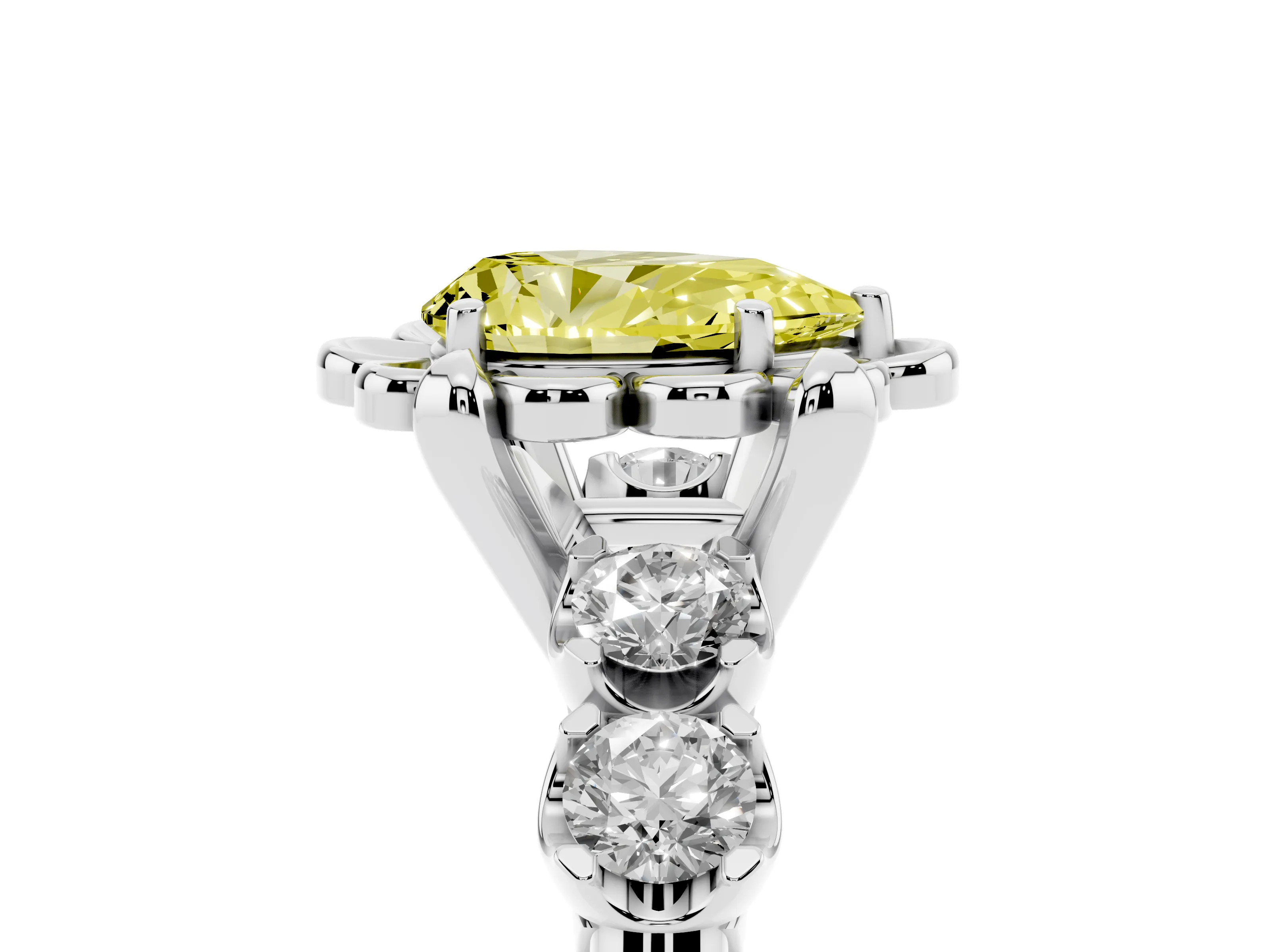 Fancy Yellow Pear Cut Diamond Floral Halo Ring Set in Platinum with Shared Prong Band