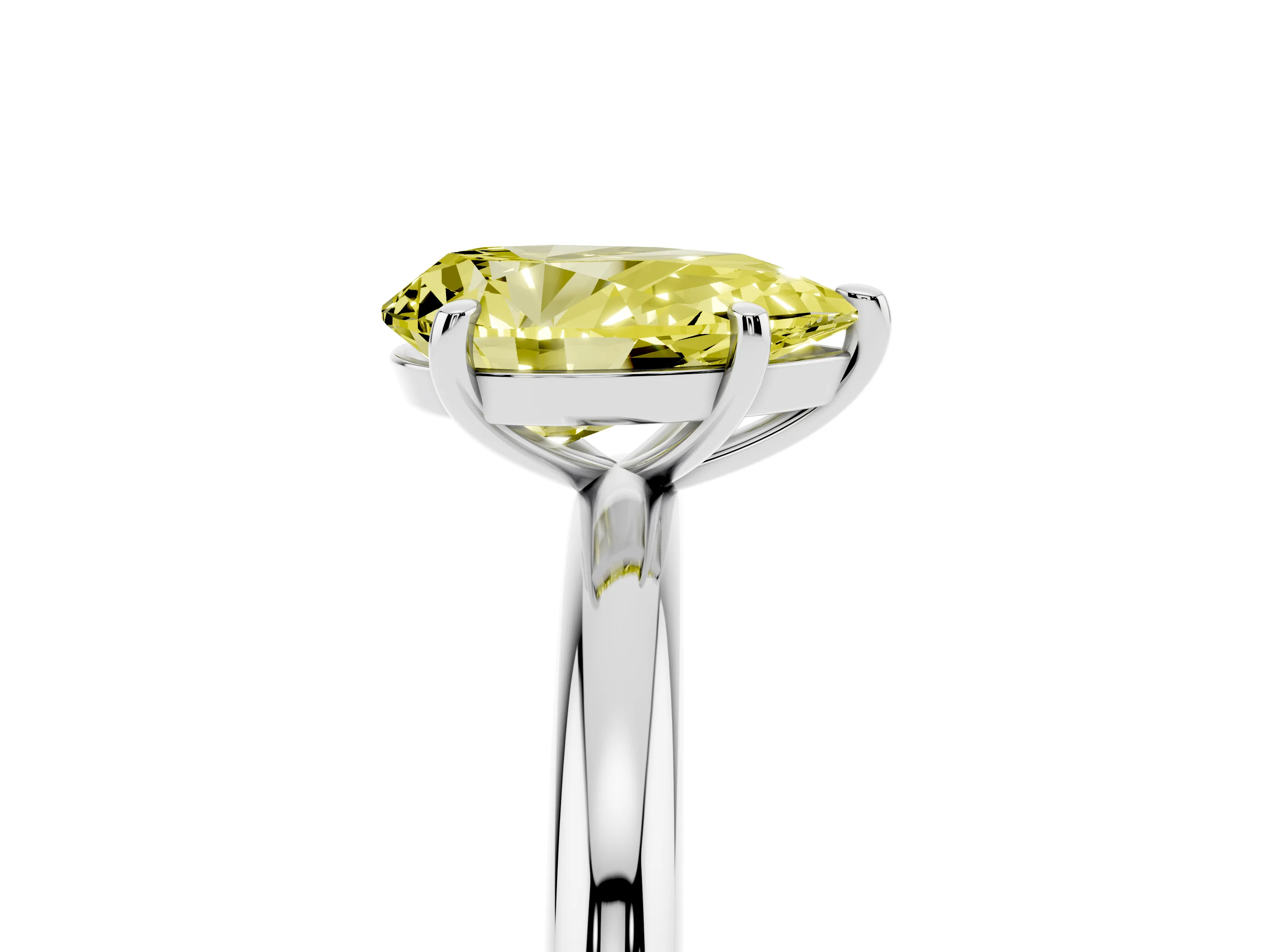 Fancy Yellow Pear Cut Diamond Solitaire Ring Set in White gold with Prong Setting on a Polished Plain Band