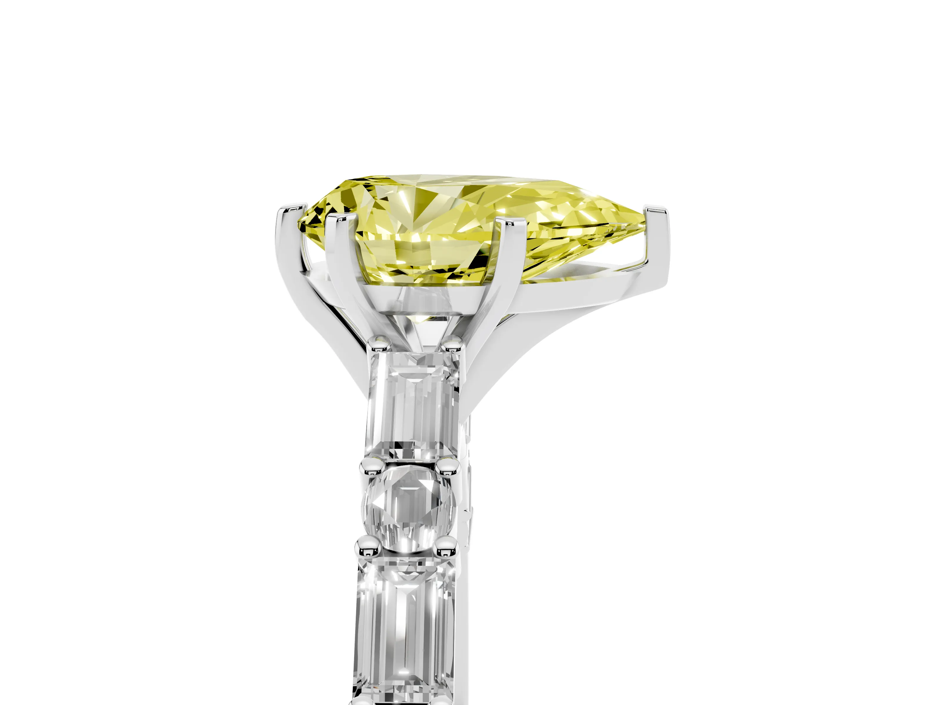 Fancy Yellow Pear Cut Diamond Solitaire Set in Platinum with Side Baguettes and Channel Set Band