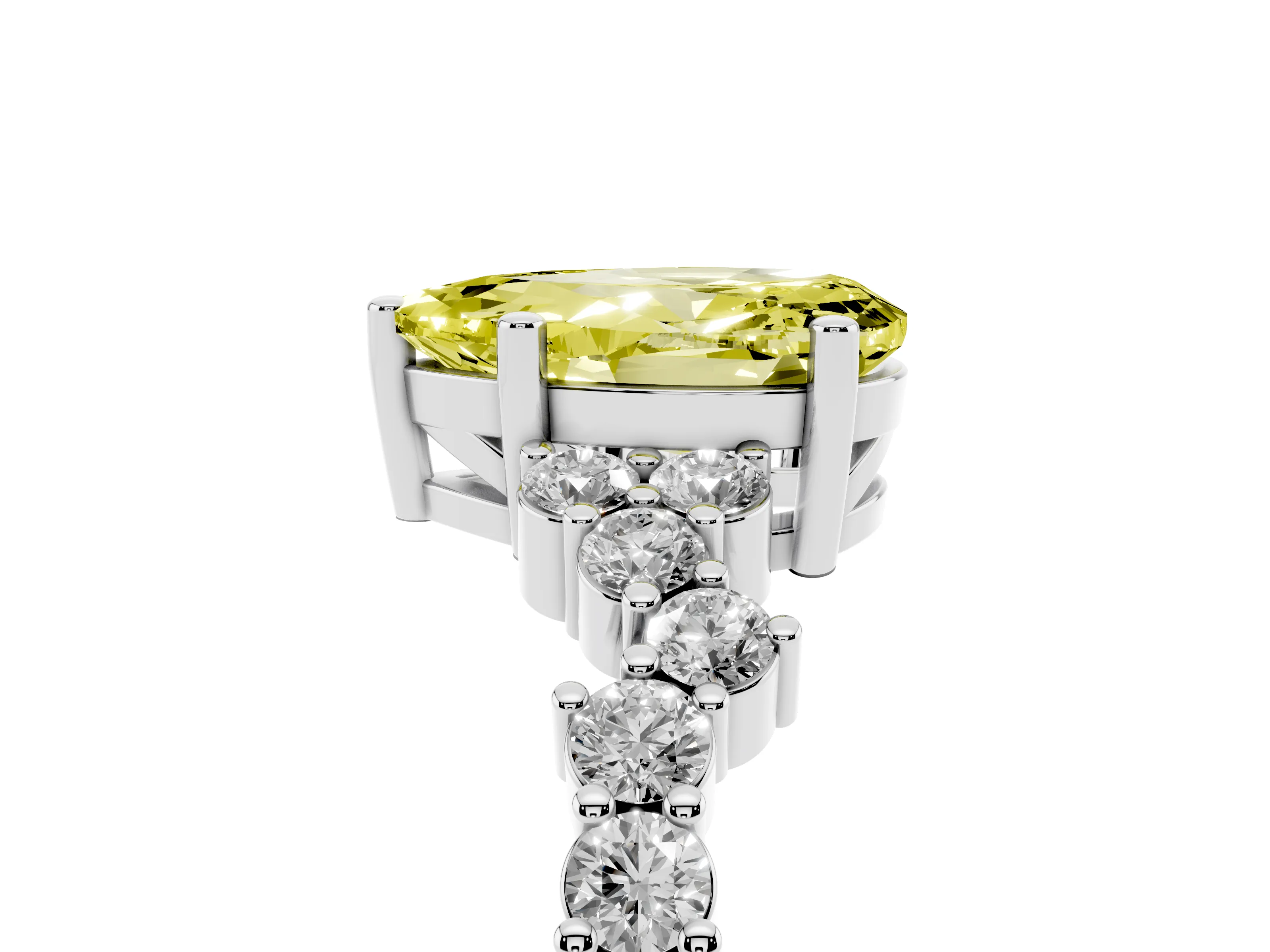 Fancy Yellow Pear Cut Diamond Ring Set in Platinum with Scattered Round Accents