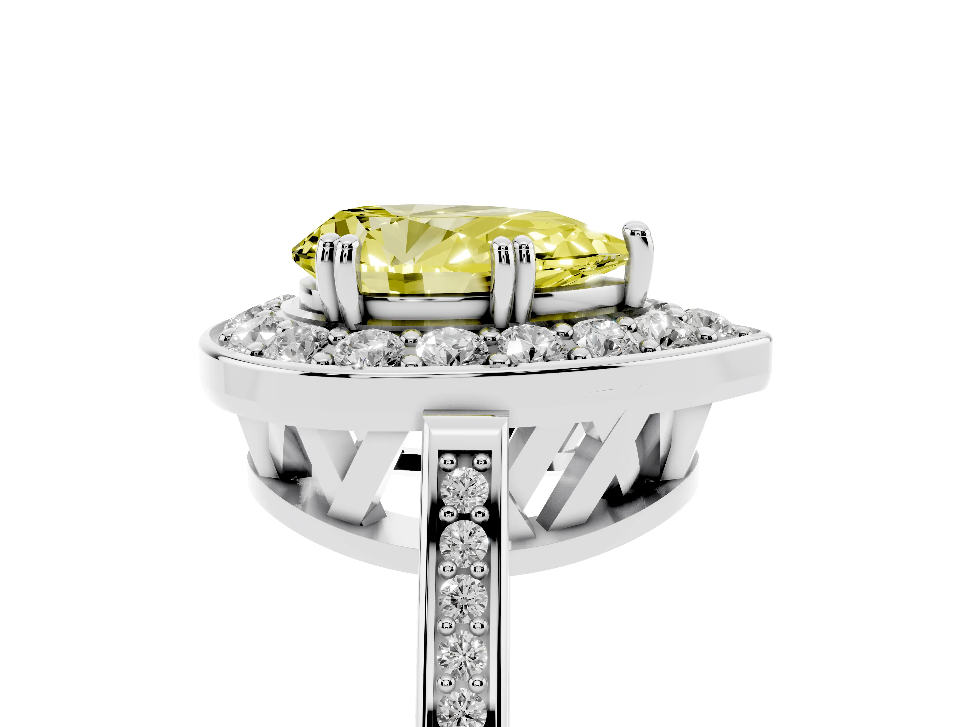 Fancy Yellow Pear Cut Diamond Halo Ring Set in Silver with Accent-Lined Split Shank and Prong Setting