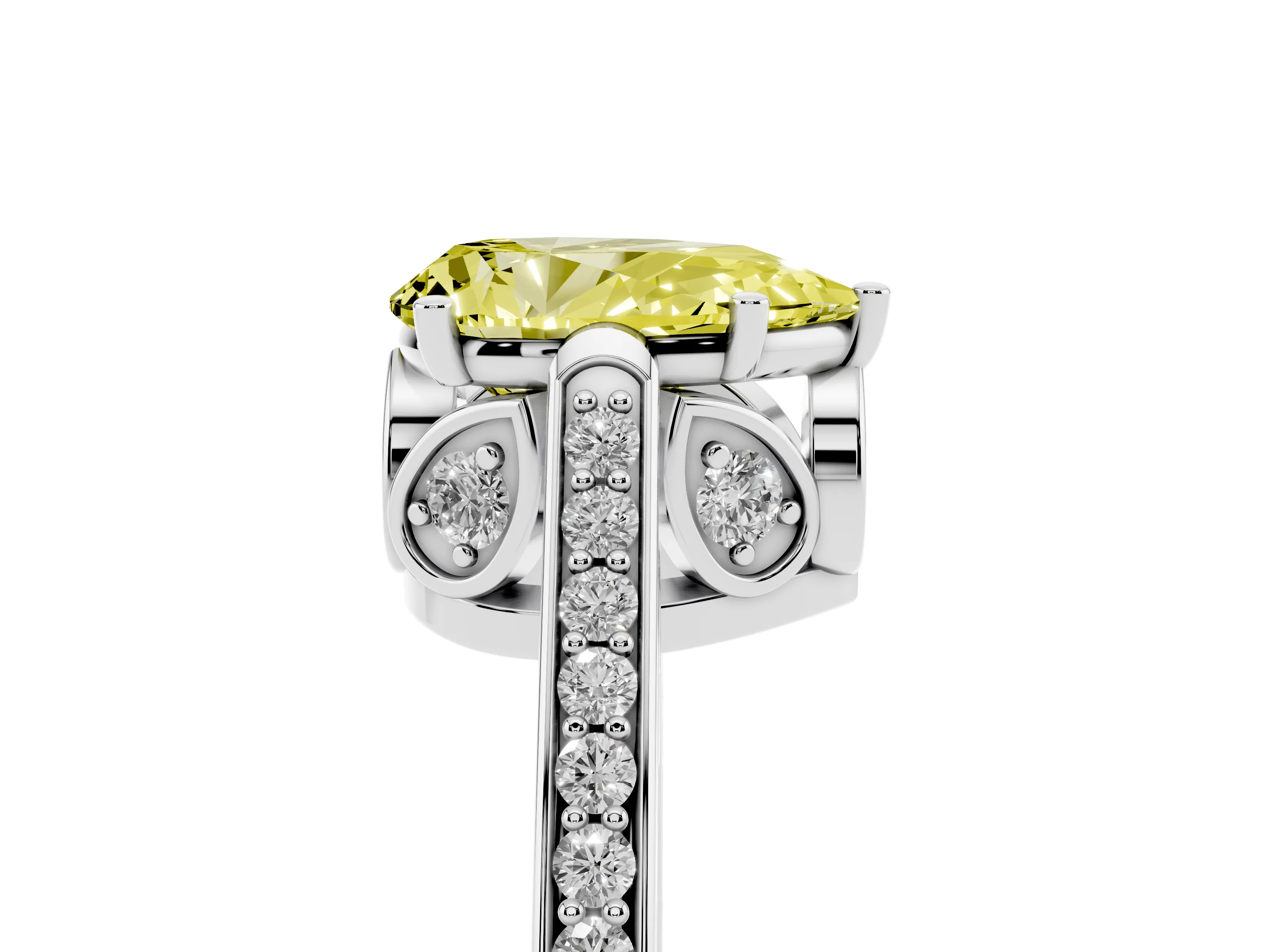 Fancy Yellow Pear Cut Diamond Cathedral Pavé Engagement Ring Set in White gold with Prong Setting