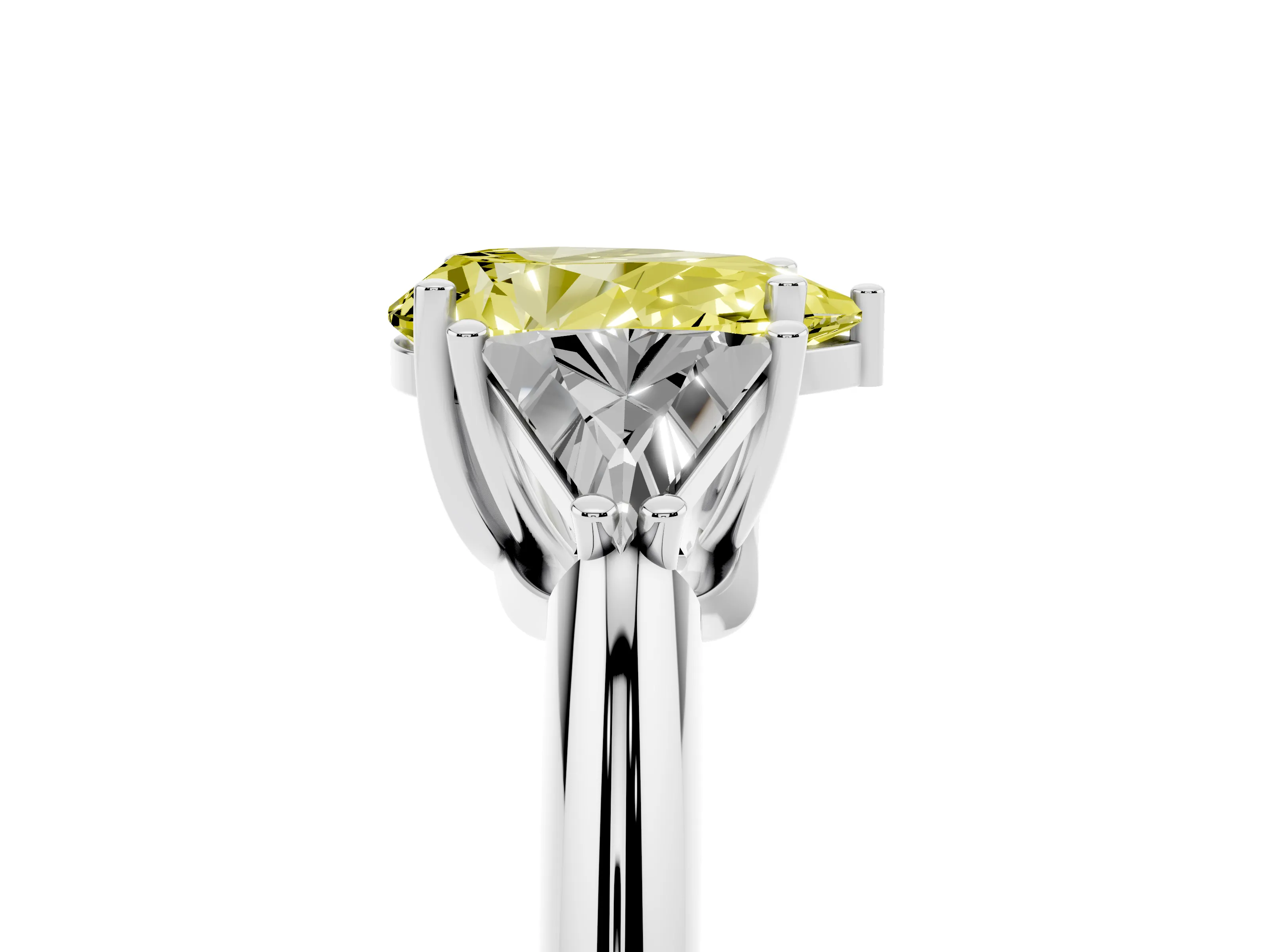 Fancy Yellow Pear Cut Diamond Three-Stone Engagement Ring Set in Platinum with Trillion Side Stones