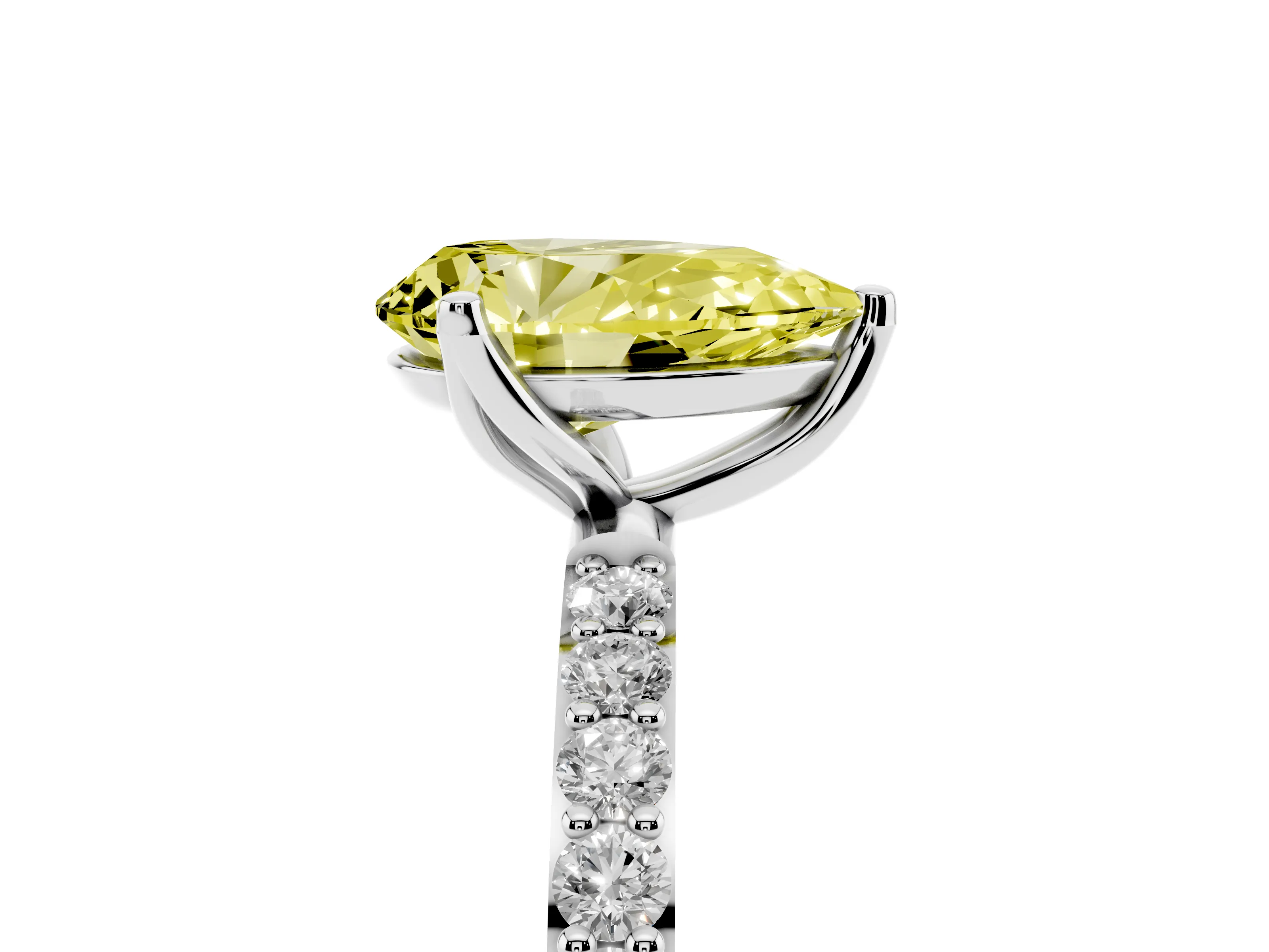 Fancy Yellow Pear Cut Diamond Solitaire Engagement Ring Set in Silver with Round Pavé Band and Prong Setting