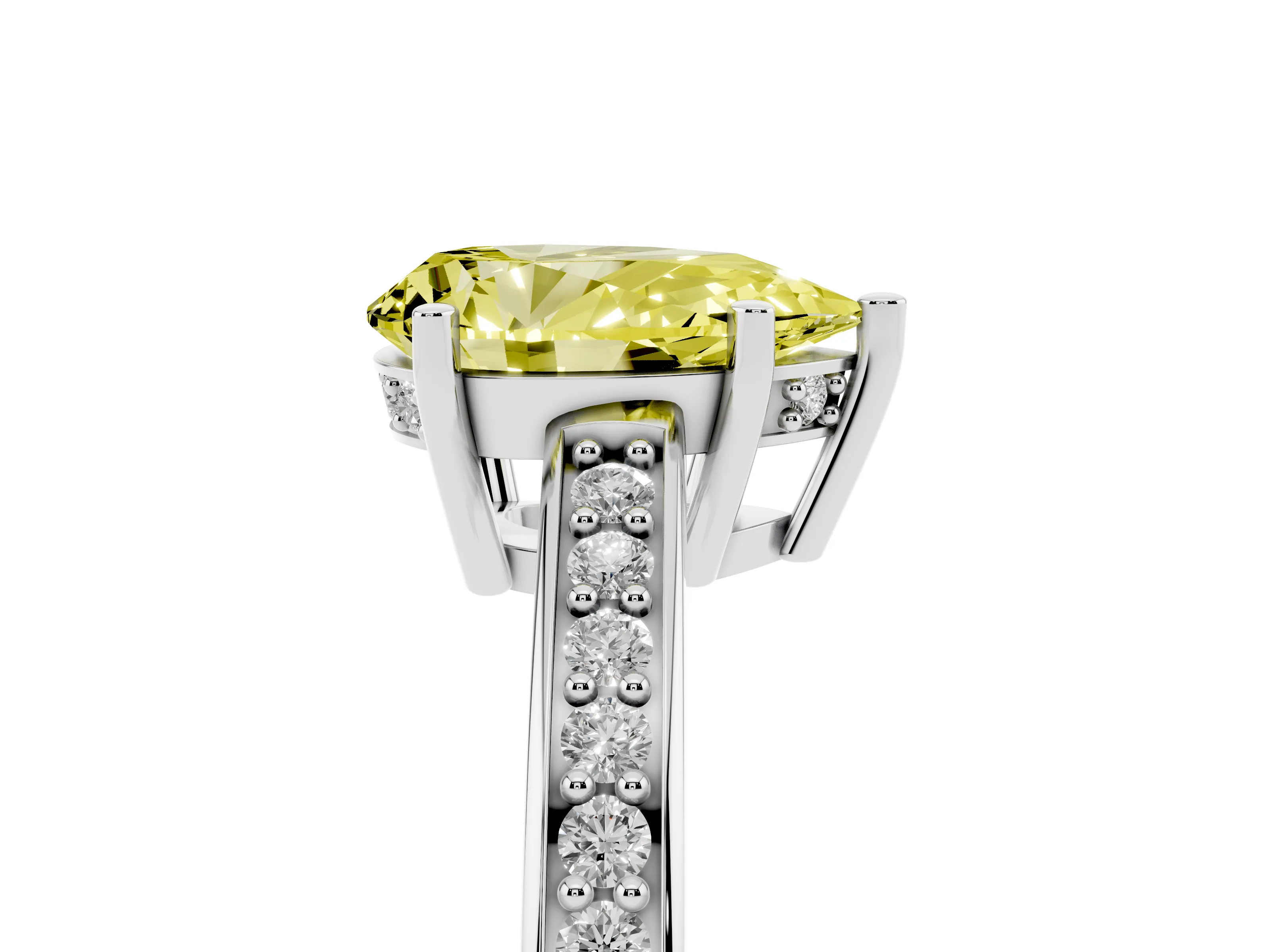 Fancy Yellow Pear Cut Diamond Pavé Band Prong Set Solitaire Ring Set in Silver