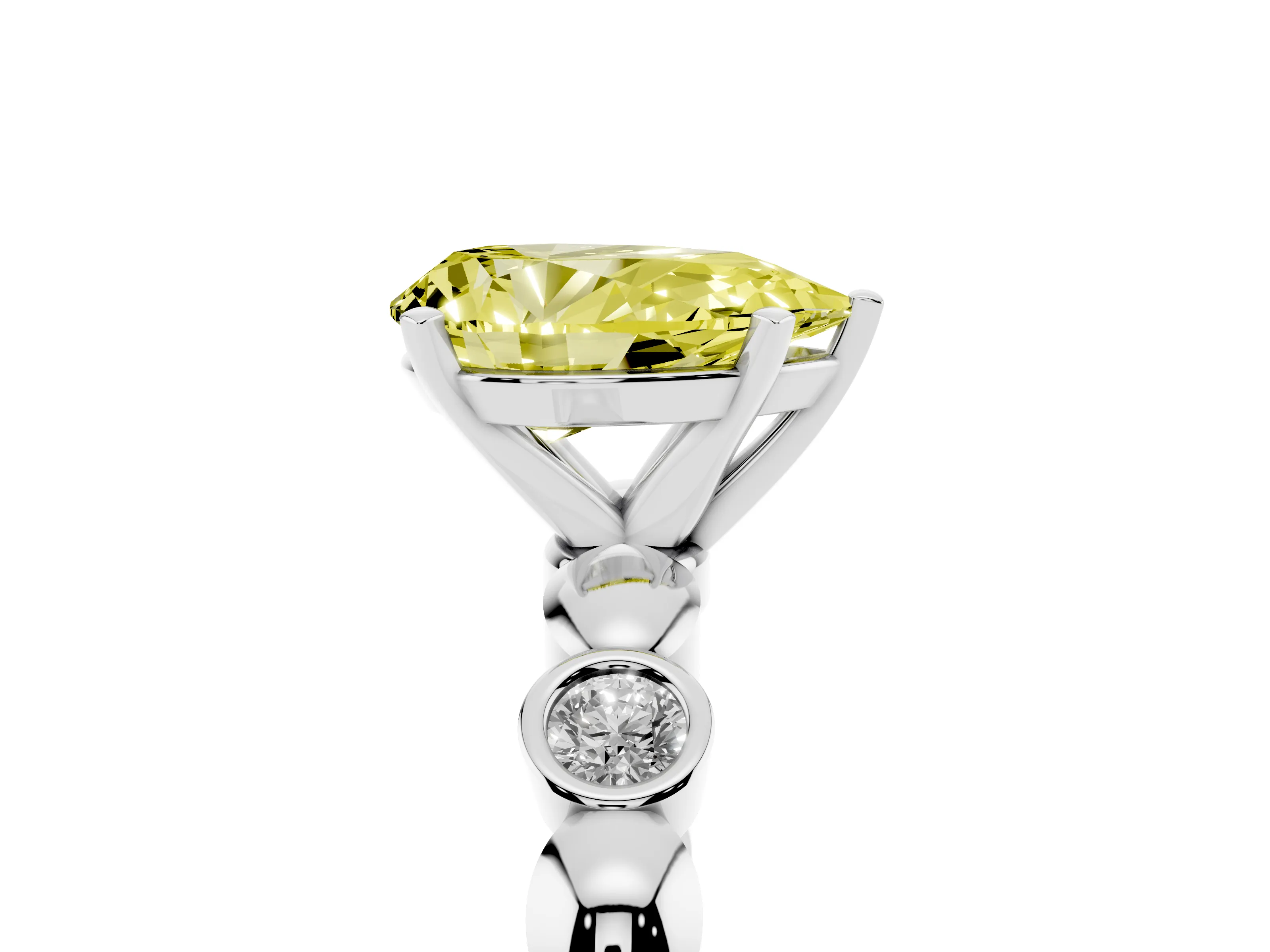 Fancy Yellow Pear Cut Diamond Solitaire Ring Set in Platinum with Bezel-Set Accents on Beaded Band and Prong Setting