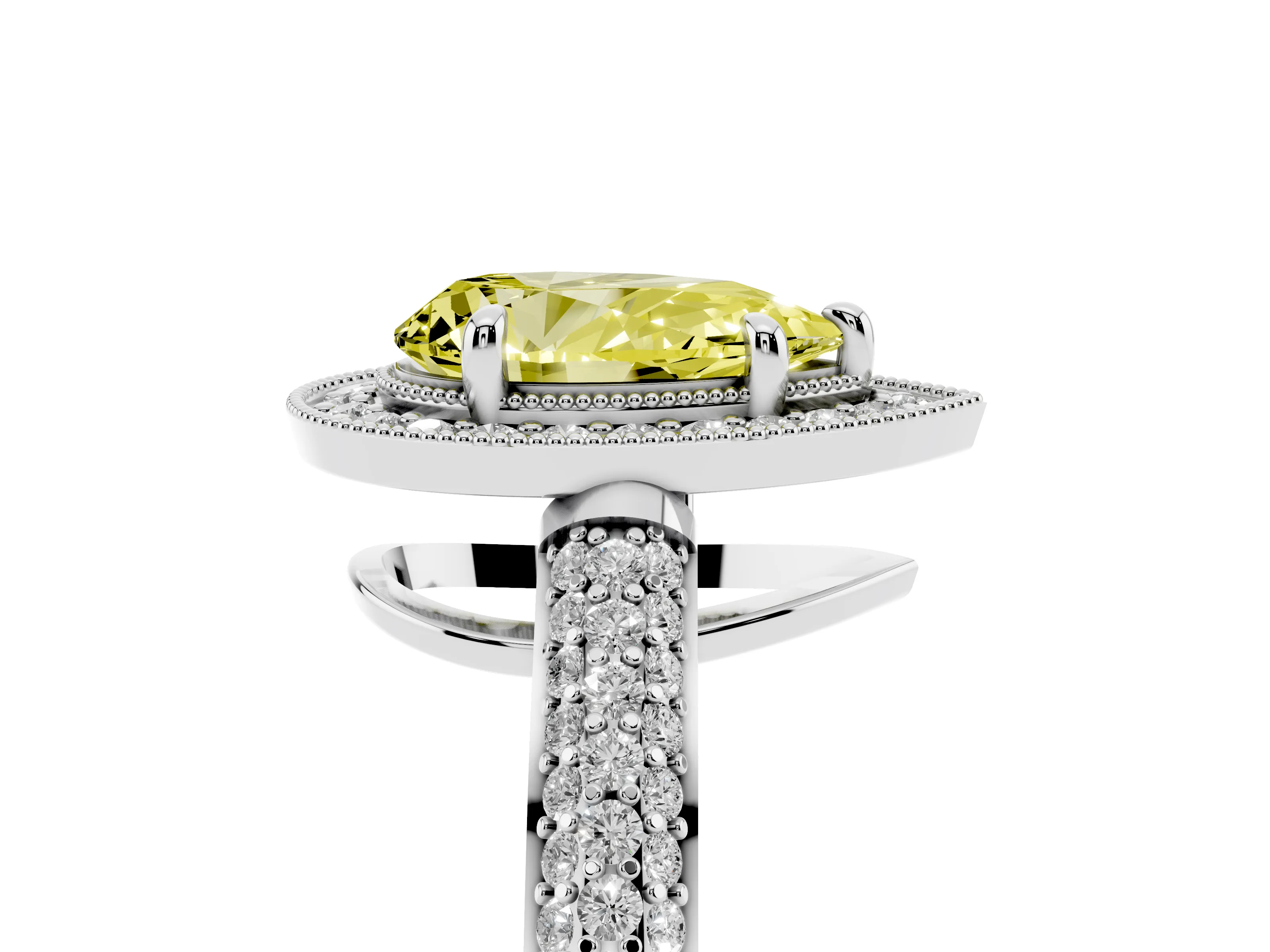 Fancy Yellow Pear Cut Diamond Halo Pavé Band Set in Platinum with Prong Setting