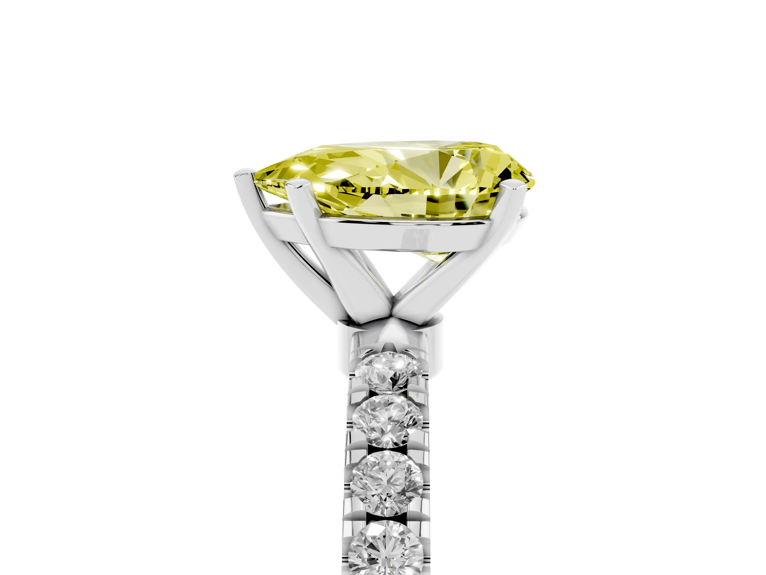Fancy Yellow Pear Cut Diamond Solitaire Ring Set in Platinum with Pavé Accents and Prong Setting