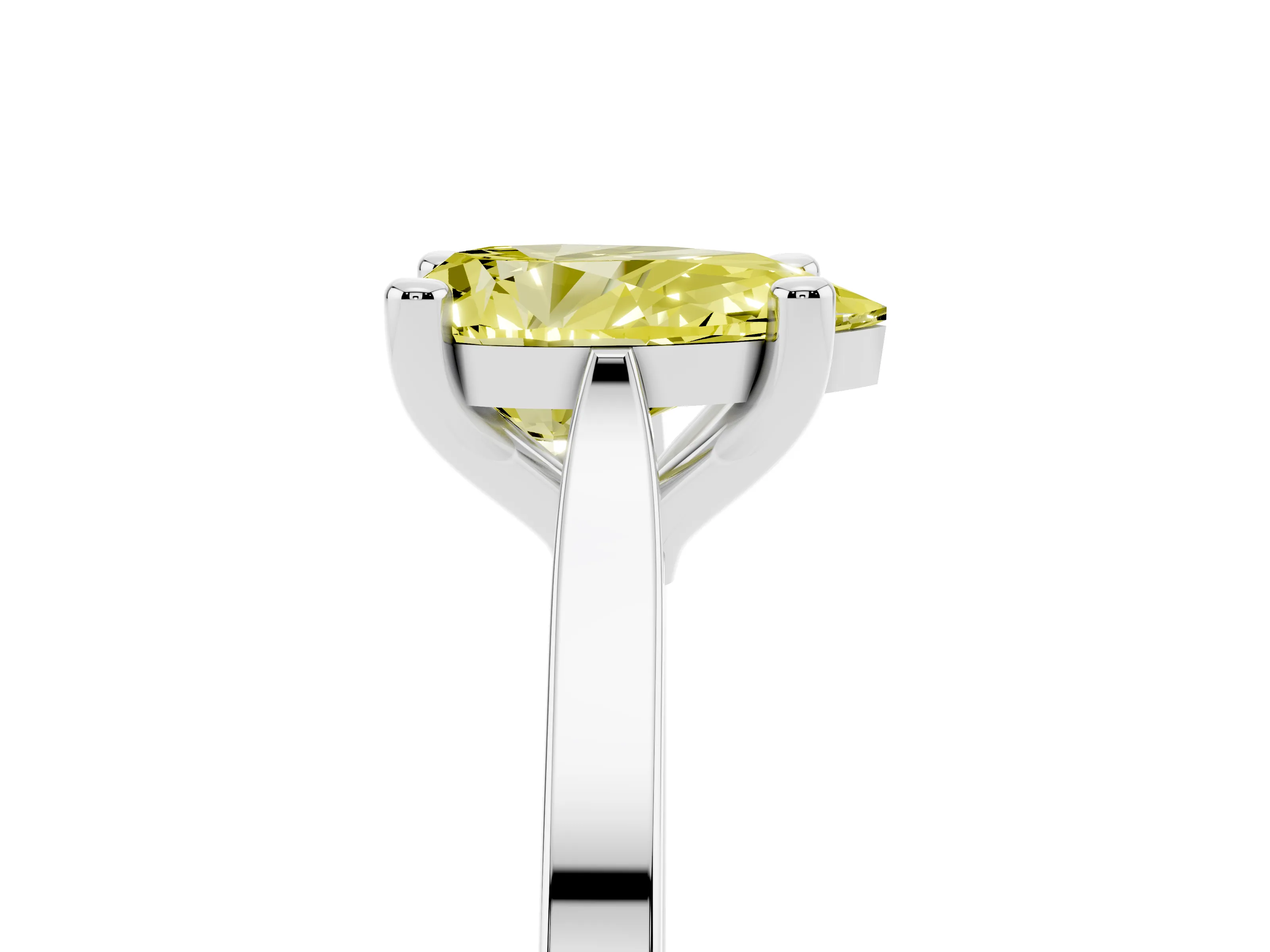 Fancy Yellow Pear Cut Diamond Solitaire Ring Set in Platinum with Prong Setting and Tapered Band