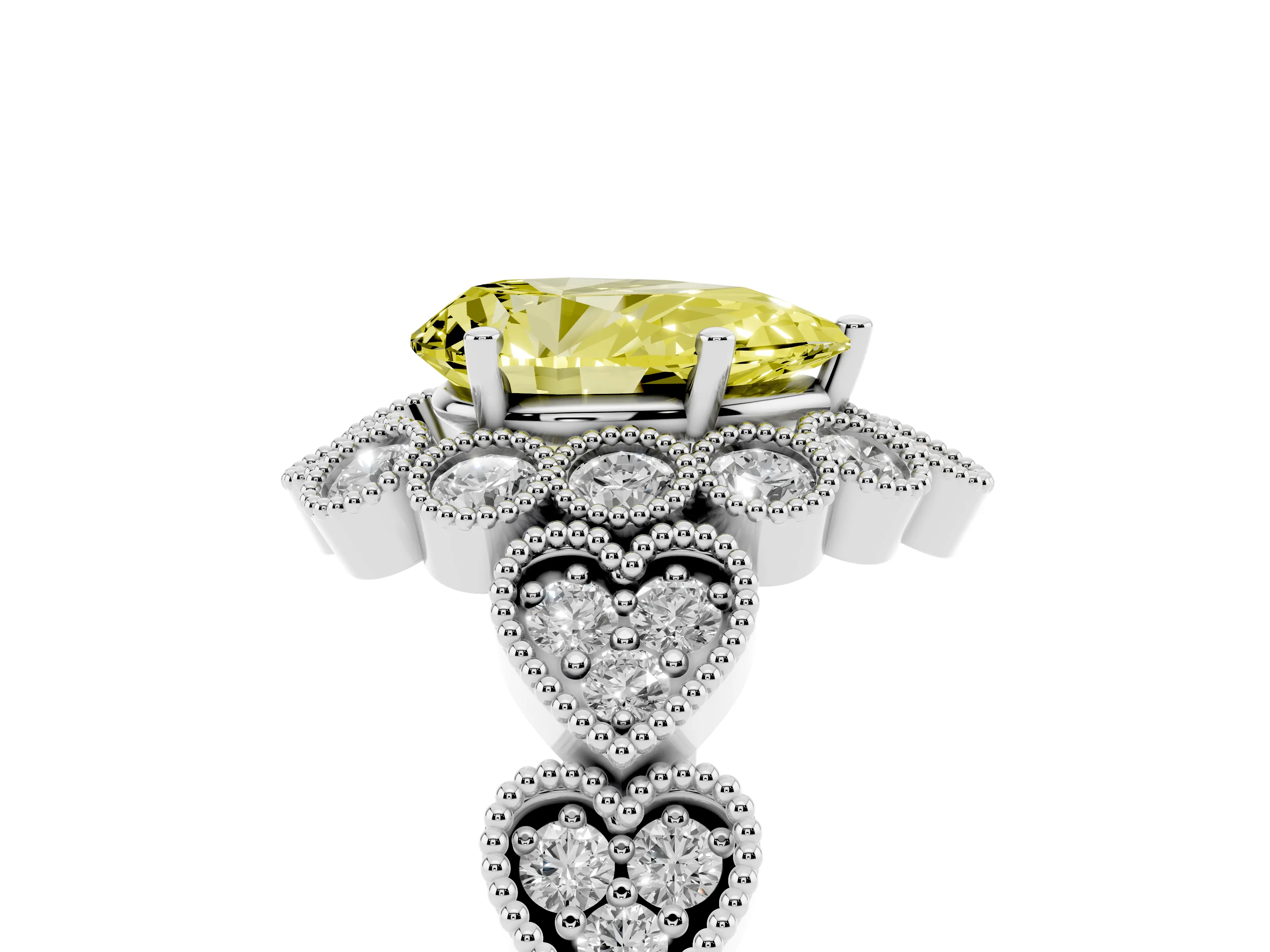 Fancy Yellow Pear Cut Diamond Solitaire Ring Set in Platinum with Milgrain Pavé Heart Band