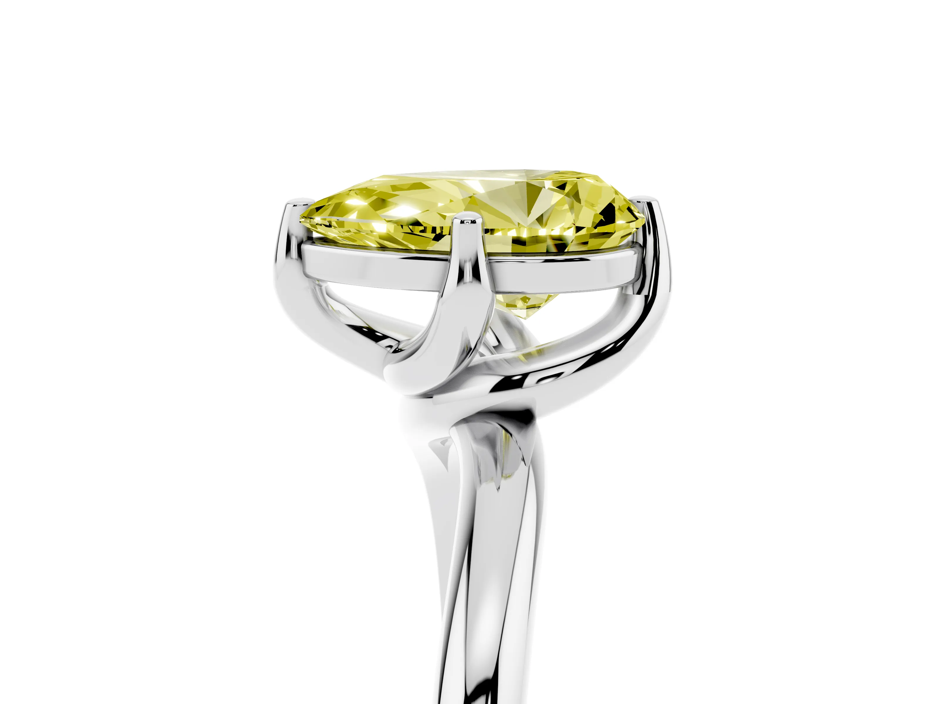 Fancy Yellow Pear Cut Diamond Solitaire Engagement Ring Set in Platinum with Classic Plain Band