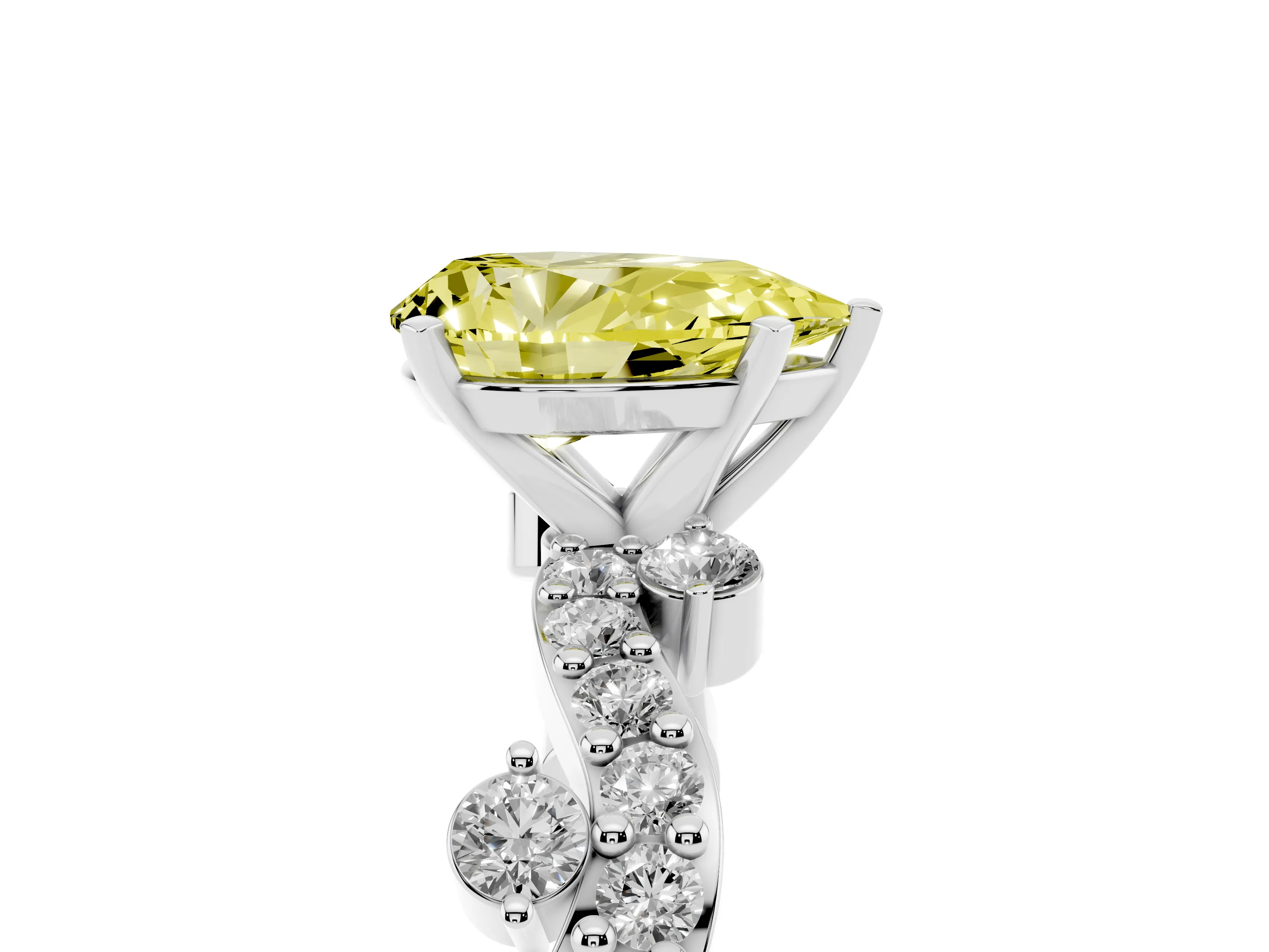 Fancy Yellow Pear Cut Diamond Solitaire Twisted Band Set in White gold with Pavé Setting