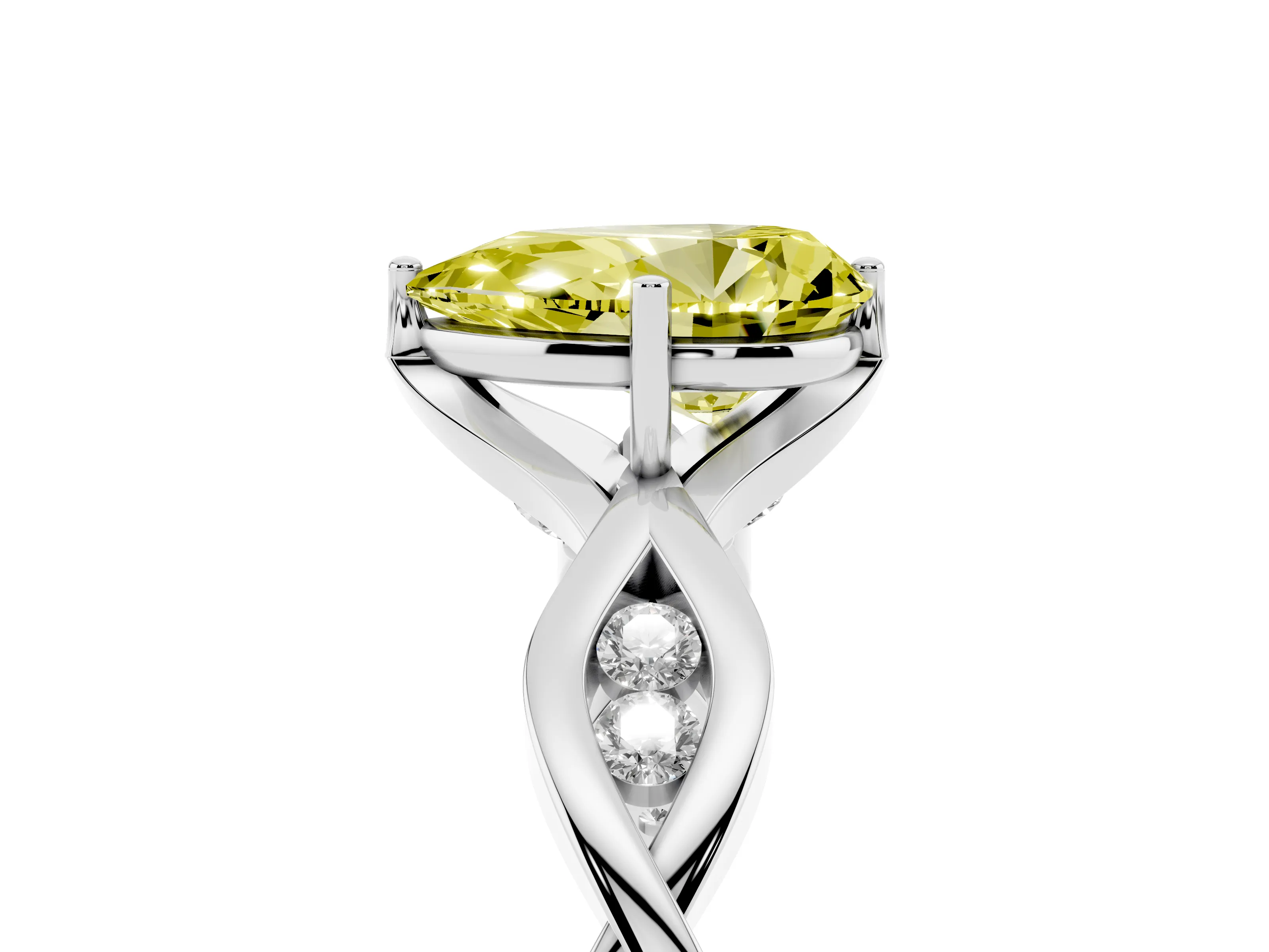 Fancy Yellow Pear Cut Diamond Twist Band Solitaire Ring Set in Platinum with Leaf Prong Setting and Accent Stones