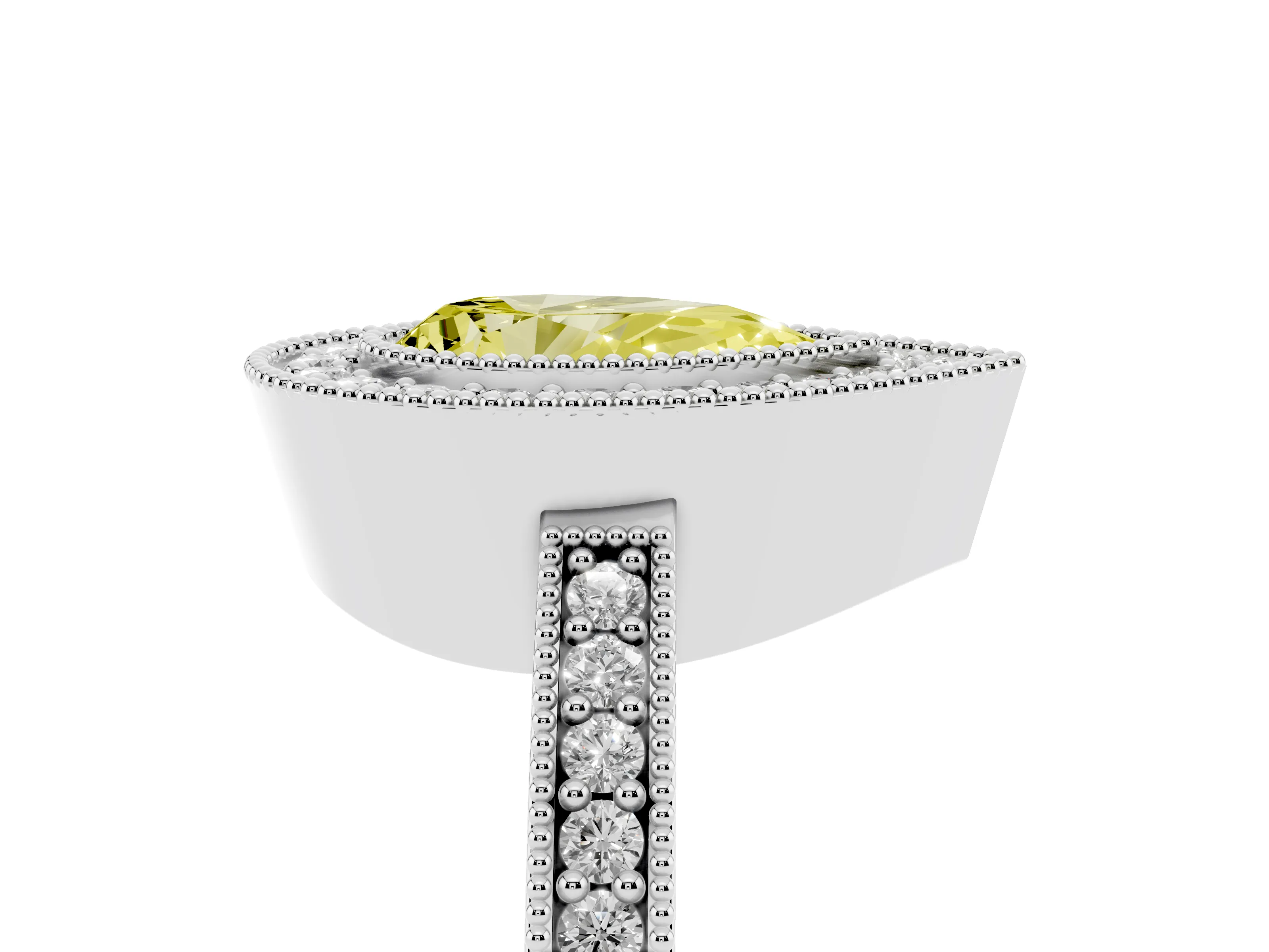 Fancy Yellow Pear Cut Diamond Halo Engagement Ring Set in White gold with Pavé Band and Round Halo Stones