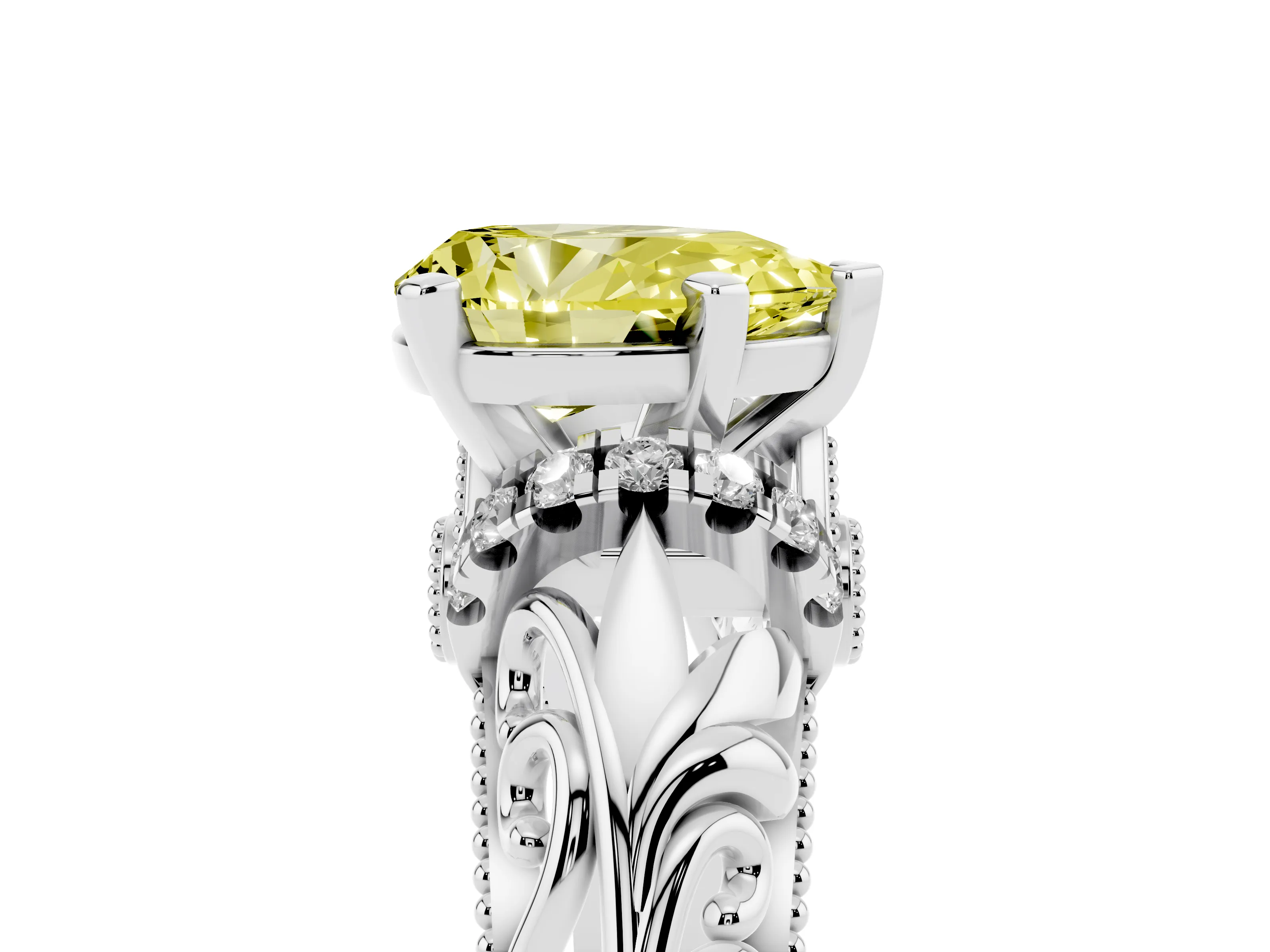 Fancy Yellow Pear Cut Diamond Filigree Halo Engagement Ring Set in White gold with Prong Setting