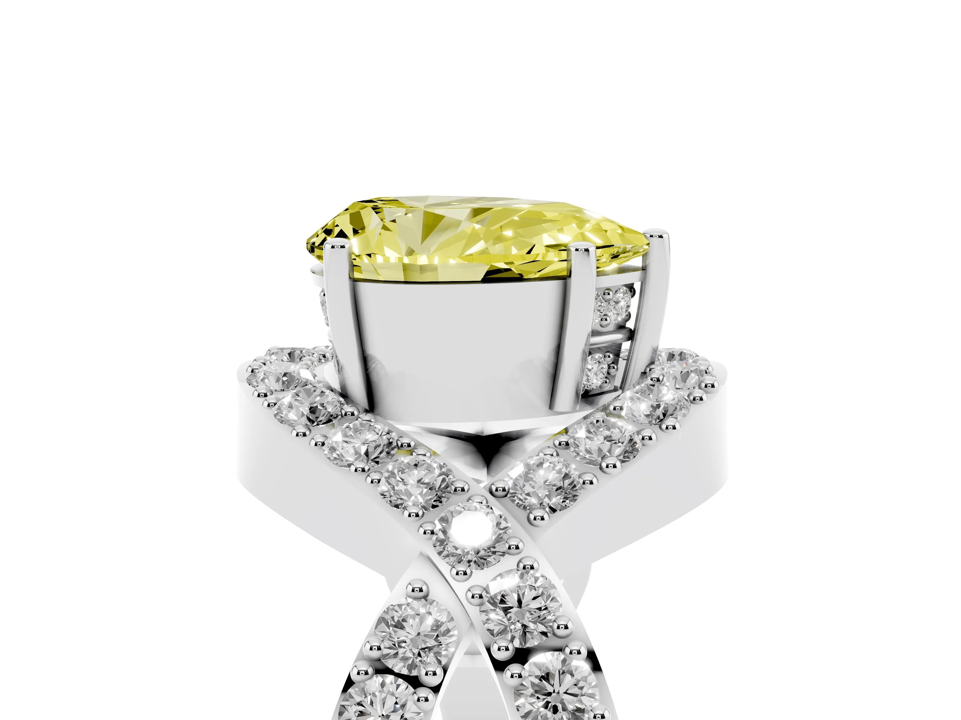 Fancy Yellow Pear Cut Diamond Solitaire Twist Band Pavé Engagement Ring Set in Platinum