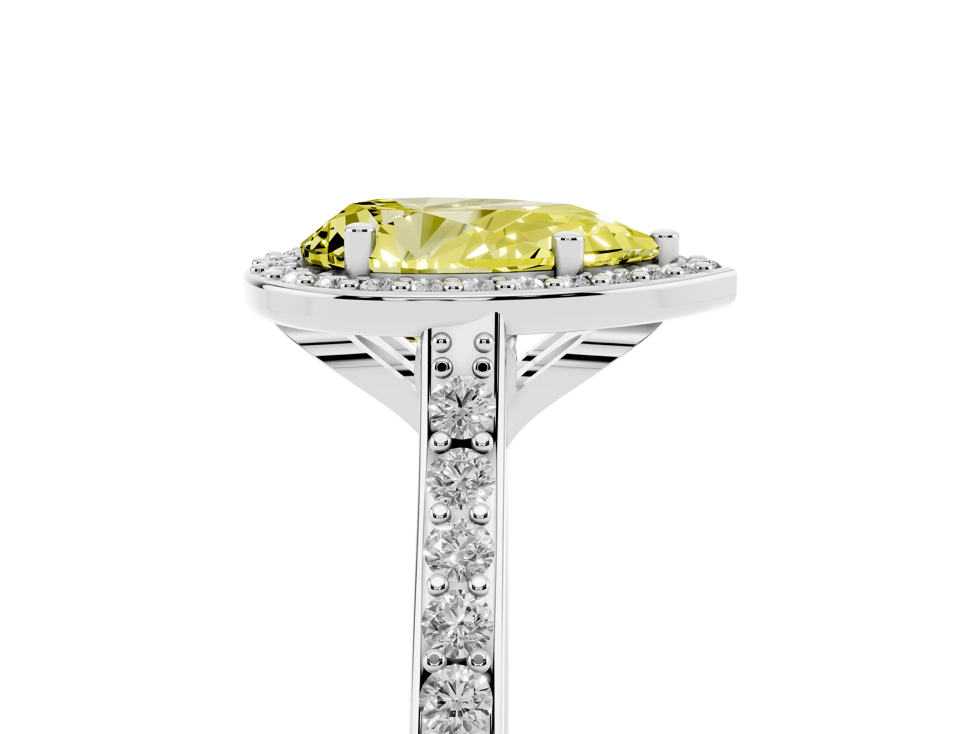 Fancy Yellow Pear Cut Diamond Halo Engagement Ring Set in White gold with Round Pavé Shoulders and Heart Gallery