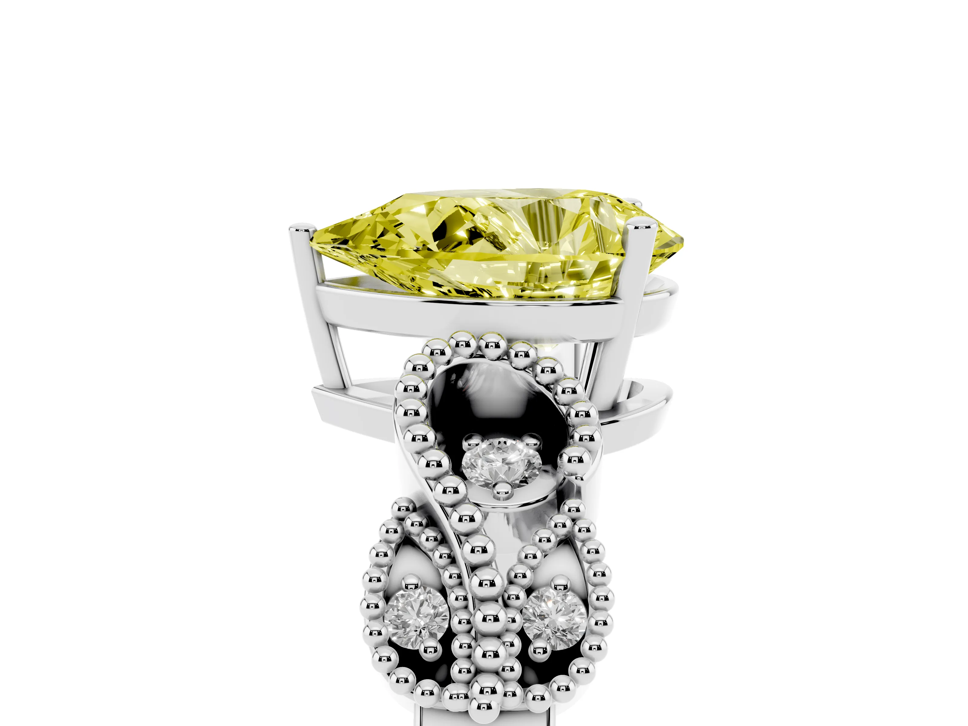 Fancy Yellow Pear Cut Diamond Milgrain Leaf Band Solitaire Ring Set in White gold with Accent Stones and Prong Setting