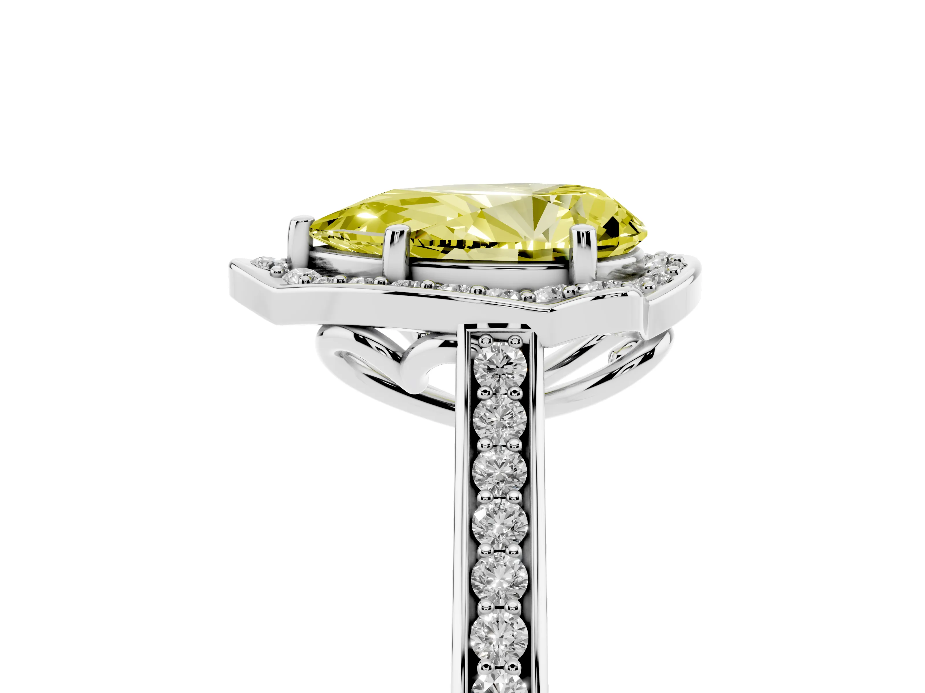 Fancy Yellow Pear Cut Diamond Halo Ring Set in White gold with Pavé-Lined Shoulders and Prong Setting