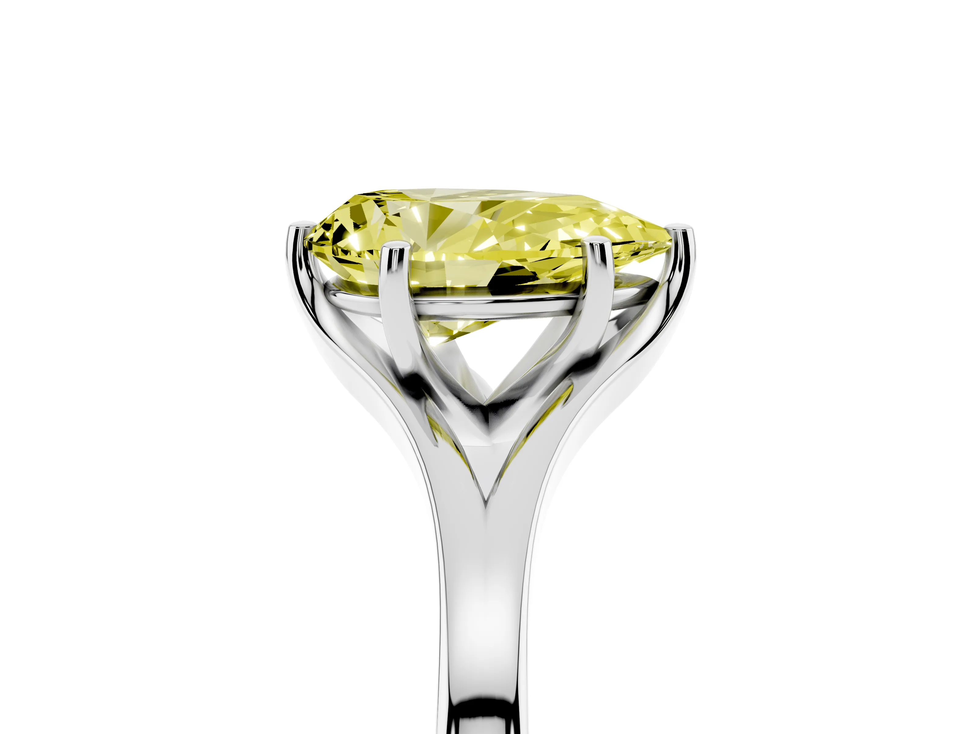 Fancy Yellow Pear Cut Diamond Solitaire Ring Set in Silver with Polished Tapered Band and Prong Setting