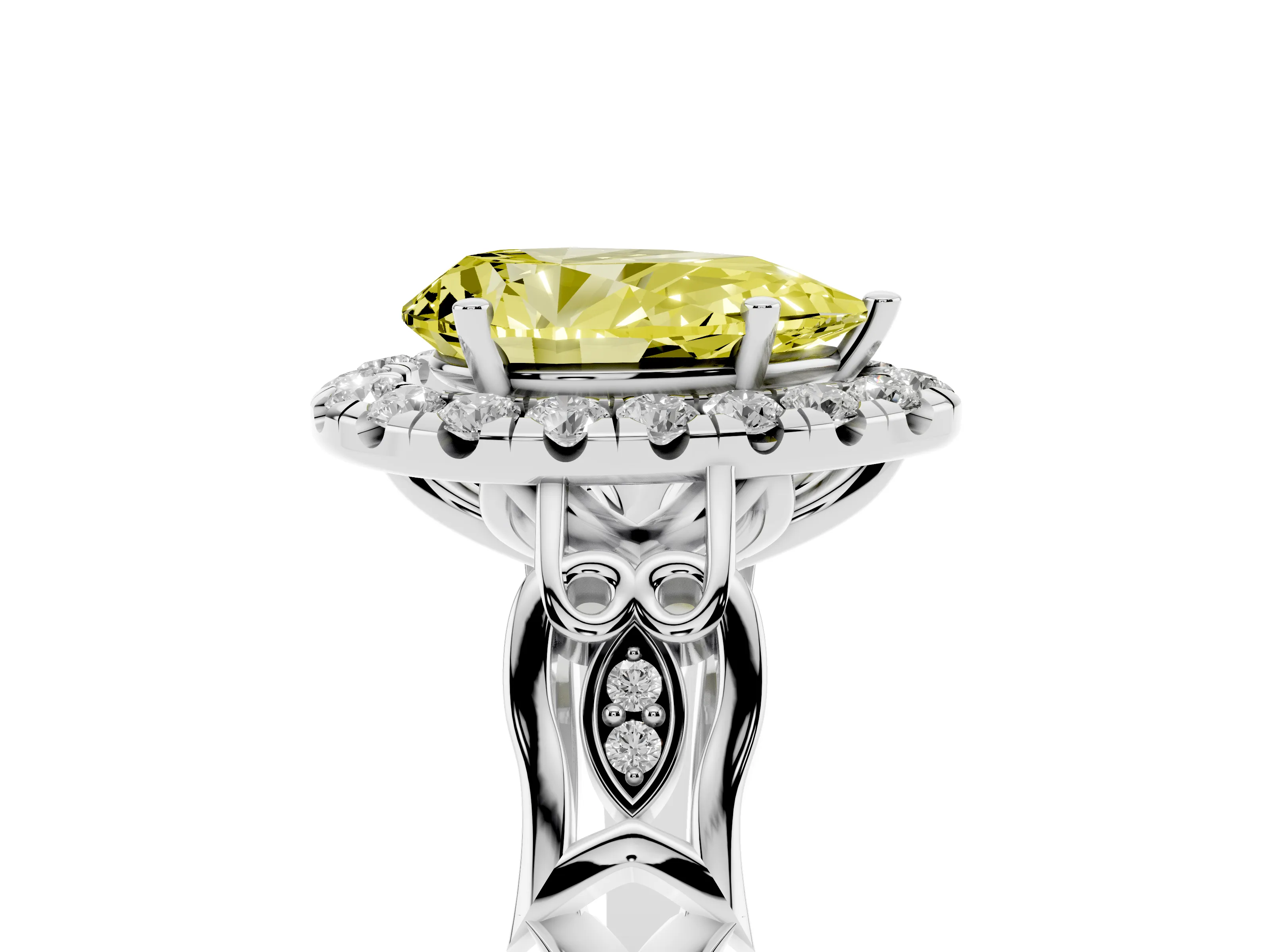 Fancy Yellow Pear Cut Diamond Halo Engagement Ring Set in Platinum with Filigree Band and Prong-Set Center