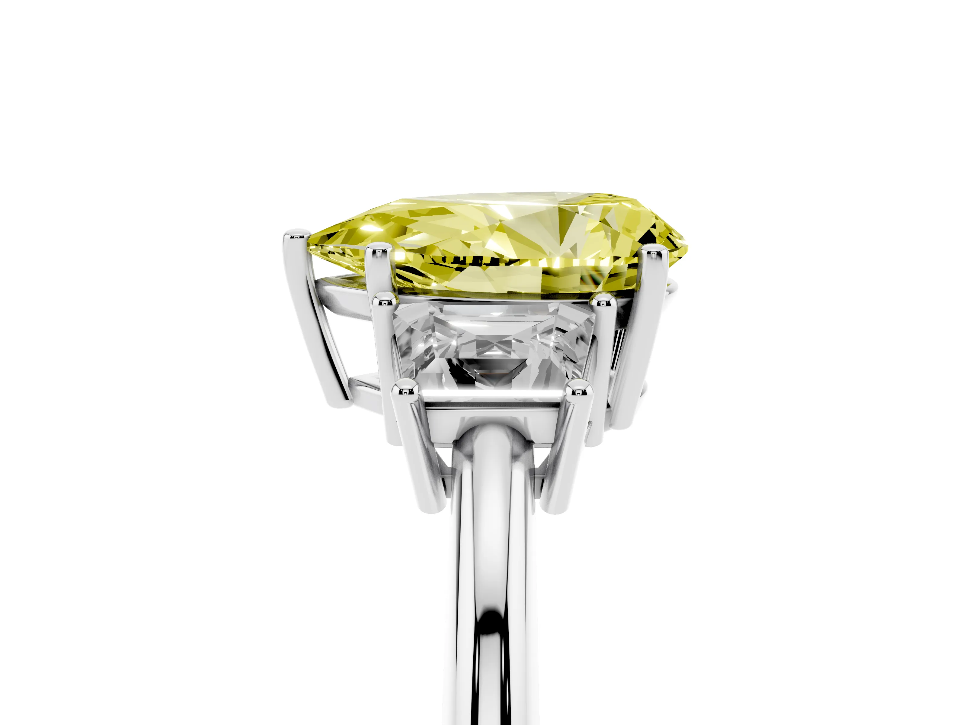Fancy Yellow Pear Cut Diamond Three-Stone Ring Set in White gold with Trapezoid Side Stones and Prong Setting