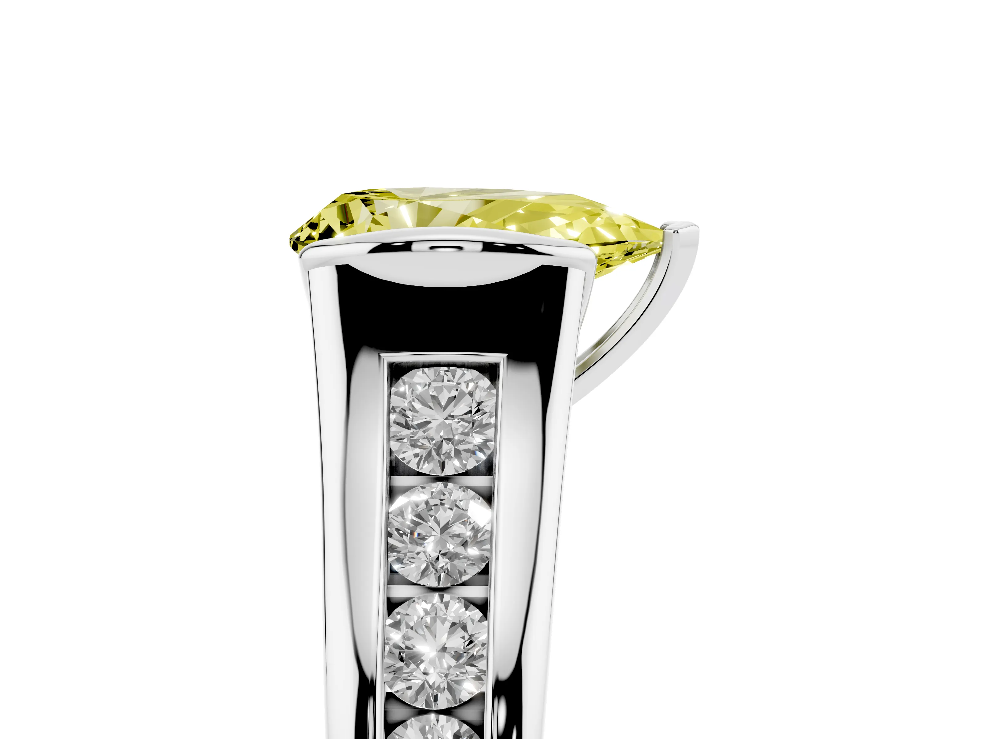 Fancy Yellow Pear Cut Diamond Bezel-Set Solitaire Ring Set in White gold with Channel-Set Band