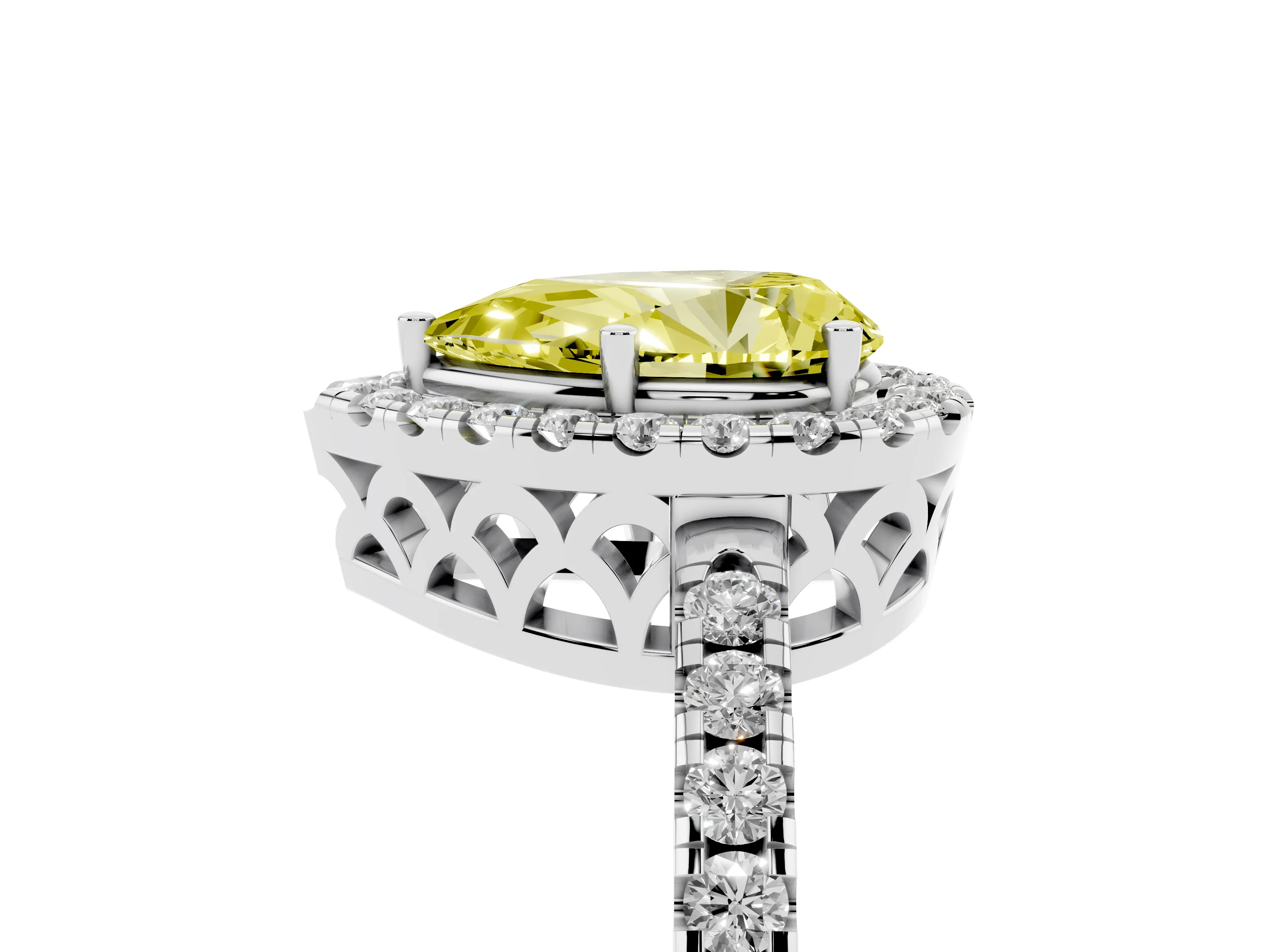 Fancy Yellow Pear Cut Diamond Pavé Band Halo Engagement Ring Set in White gold with Prong Setting