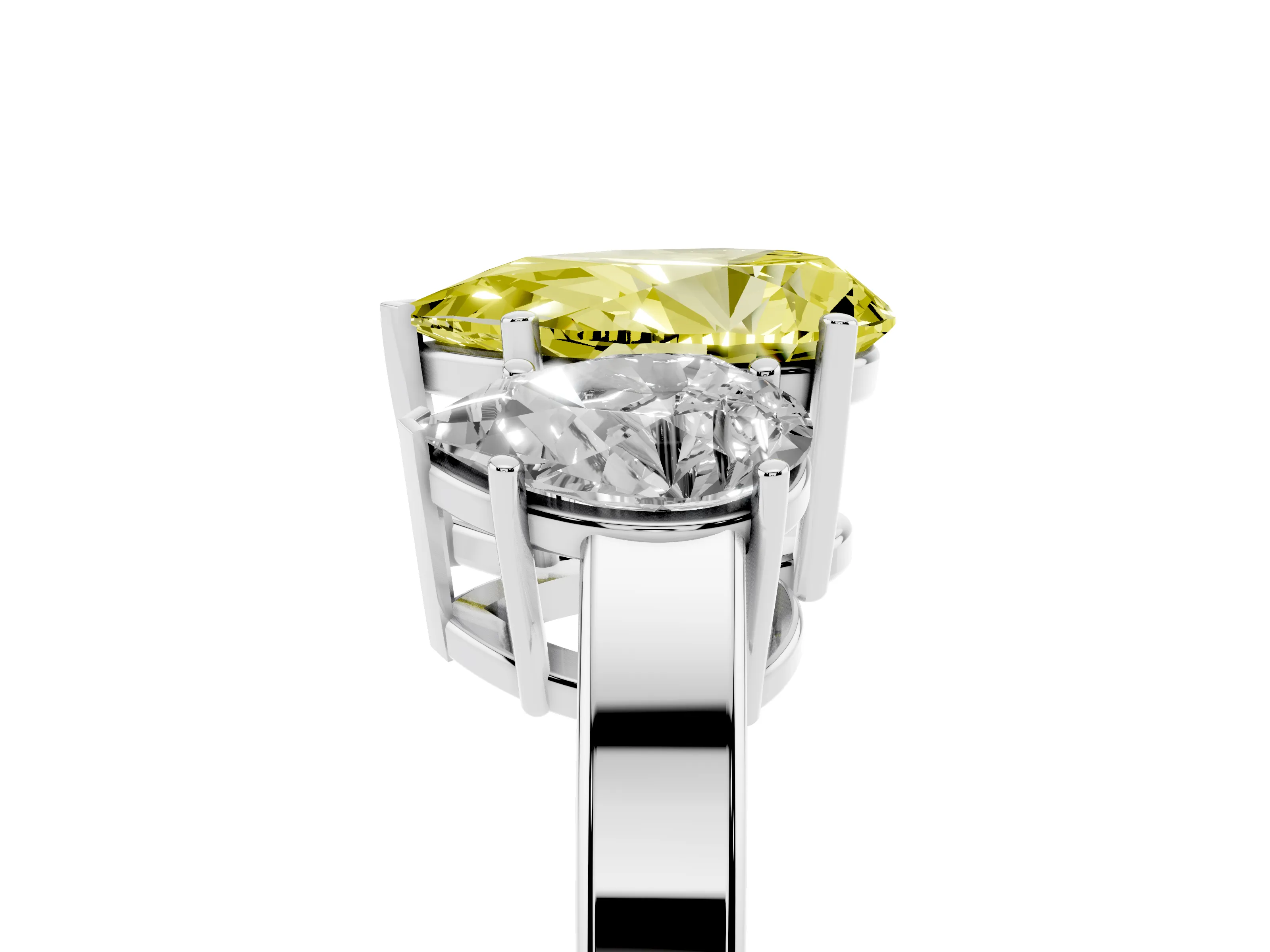 Fancy Yellow Pear Cut Diamond Three-Stone Engagement Ring Set in White gold with Flat Band