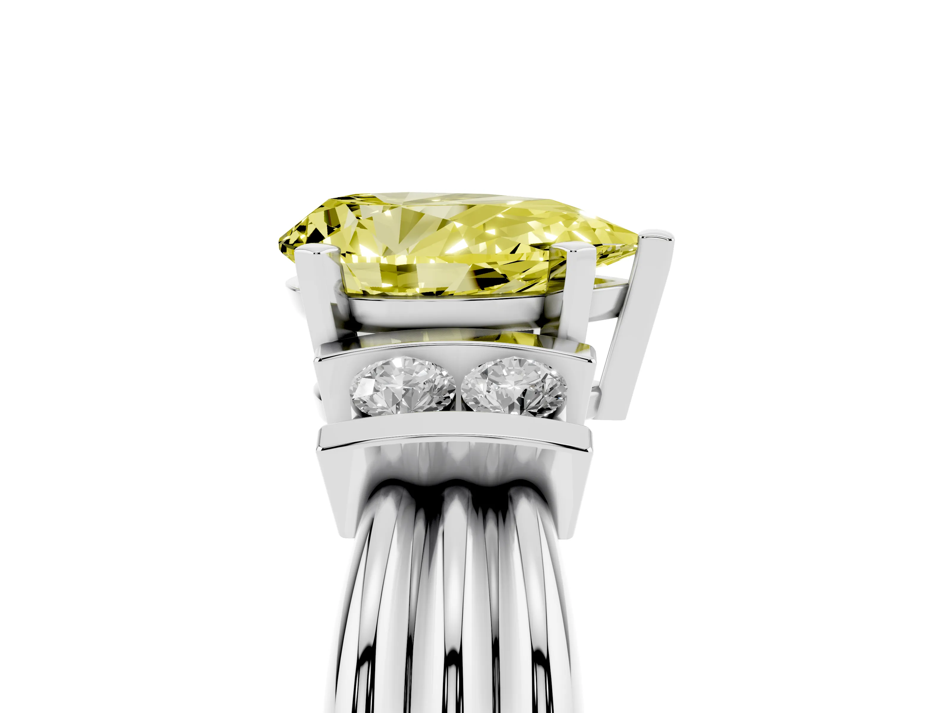 Fancy Yellow Three-Stone Pear Cut Diamond Channel Set Ring Set in White gold with Bar Prongs