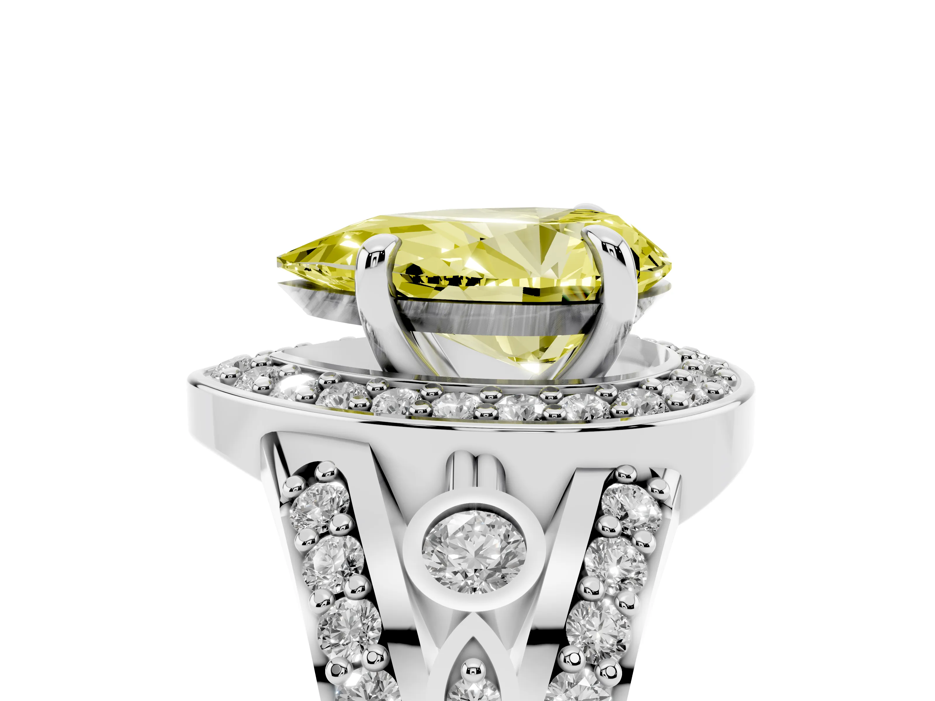 Fancy Yellow Pear Cut Diamond Halo Ring Set in Silver with Pavé Split Shank and Bezel Accents