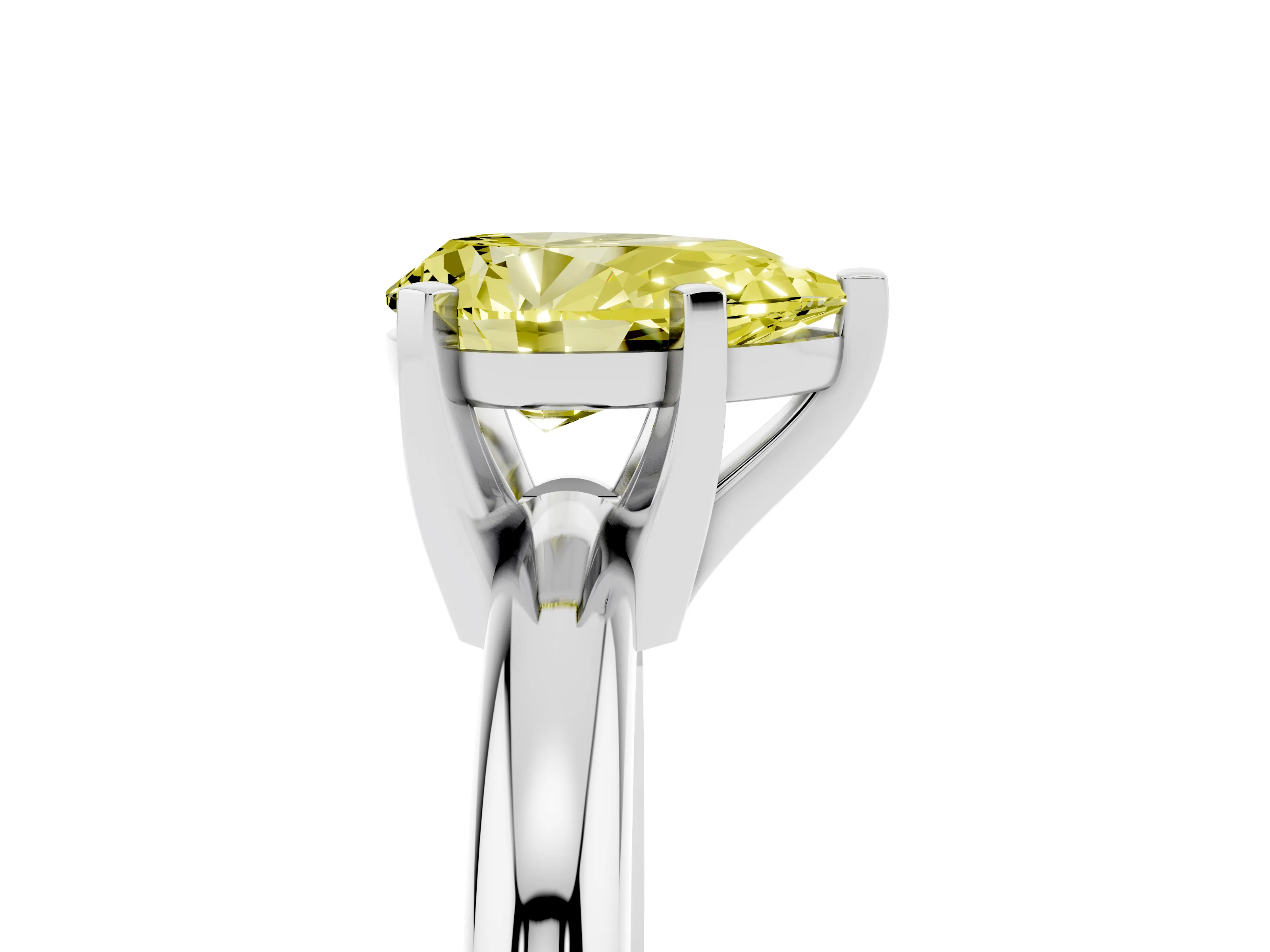 Fancy Yellow Pear Cut Diamond Solitaire Engagement Ring Set in Platinum with Round Band and Prong Setting