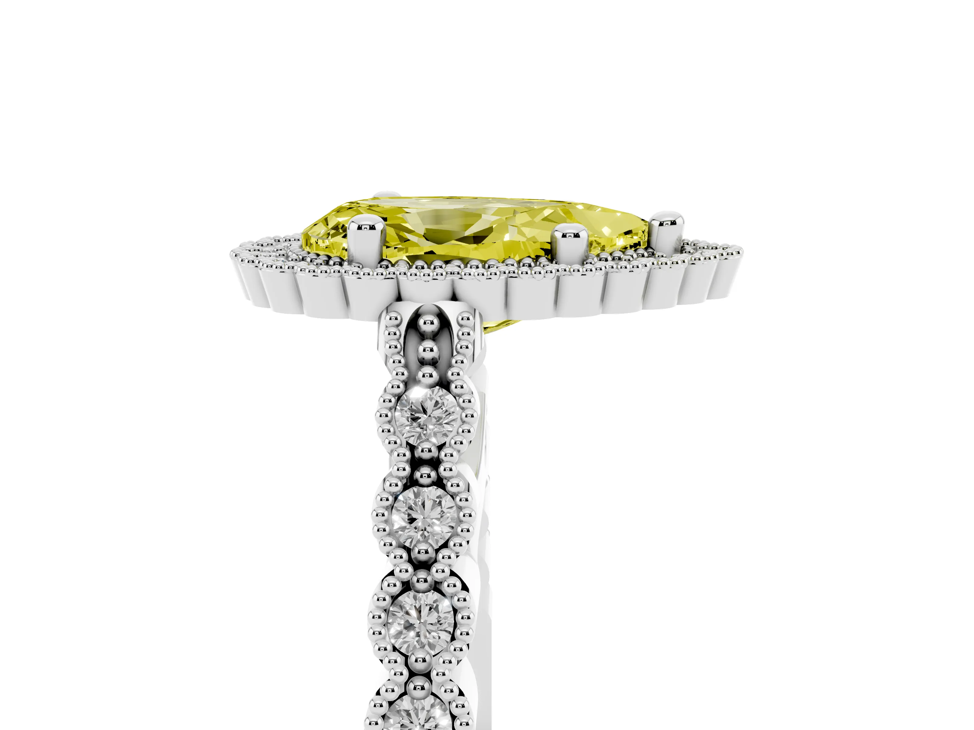 Fancy Yellow Pear Cut Diamond Halo Ring Set in Platinum with Pavé Milgrain Band