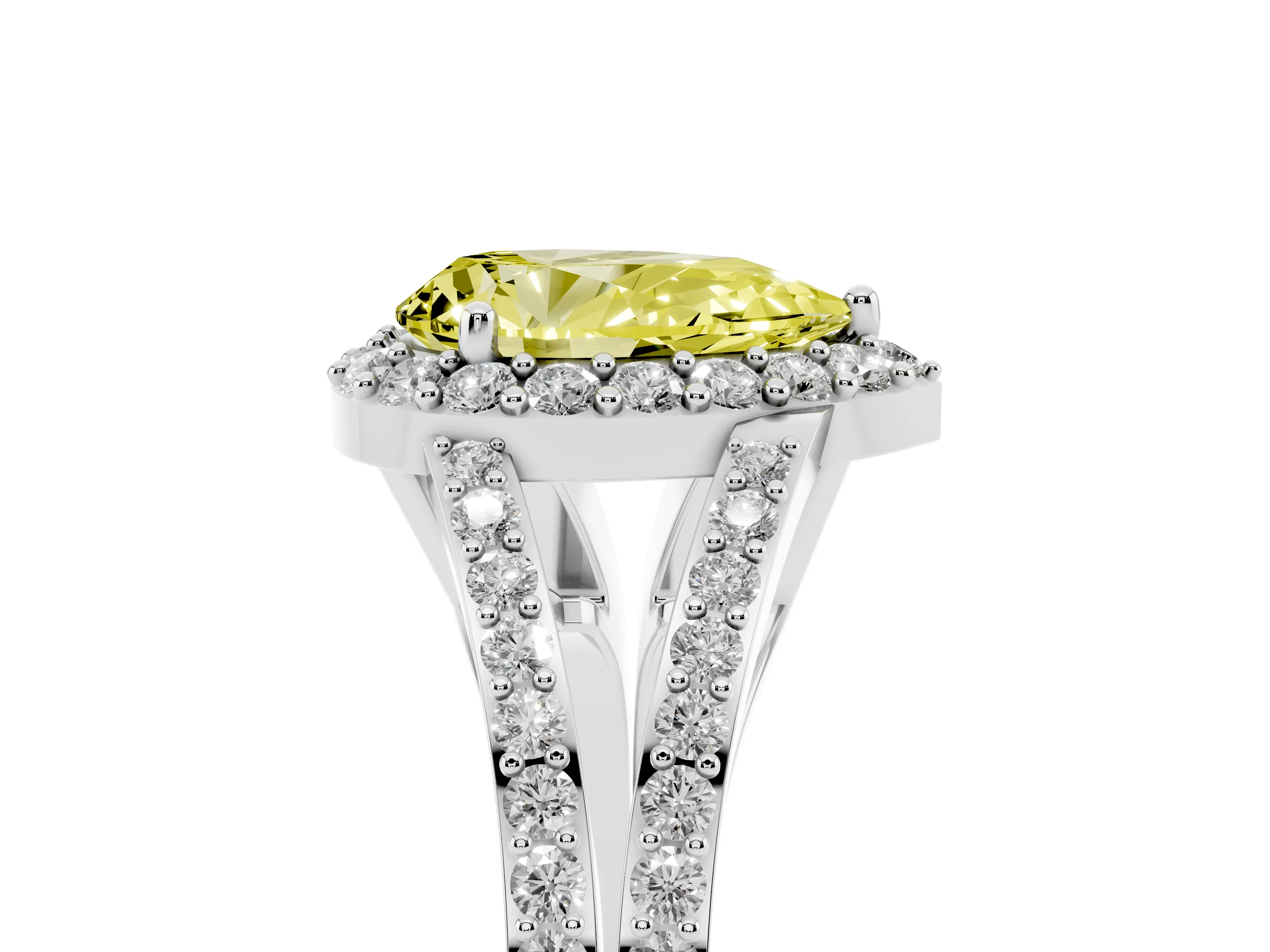 Fancy Yellow Pear Cut Diamond Halo Split Shank Pavé Ring Set in Silver with Prong Setting